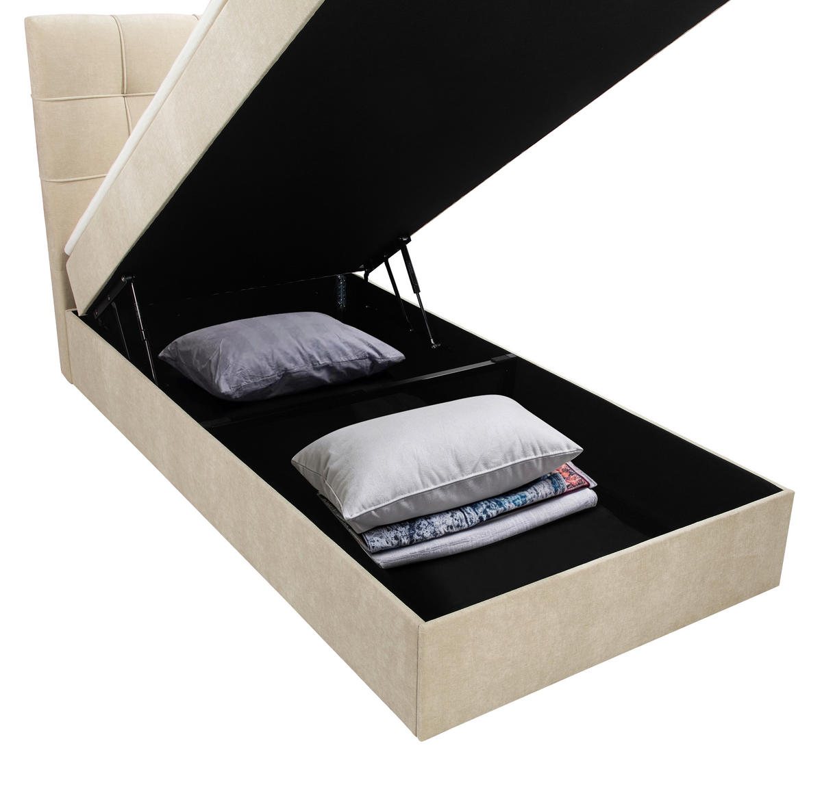 BOXBETT 100/200 cm,  in Beige, Matratze, gepolstertes Kopfteil, Bettkasten, Topper, H3 = fest  - Beige/Schwarz, Basics, Kunststoff/Textil (100/200cm) - Chameo