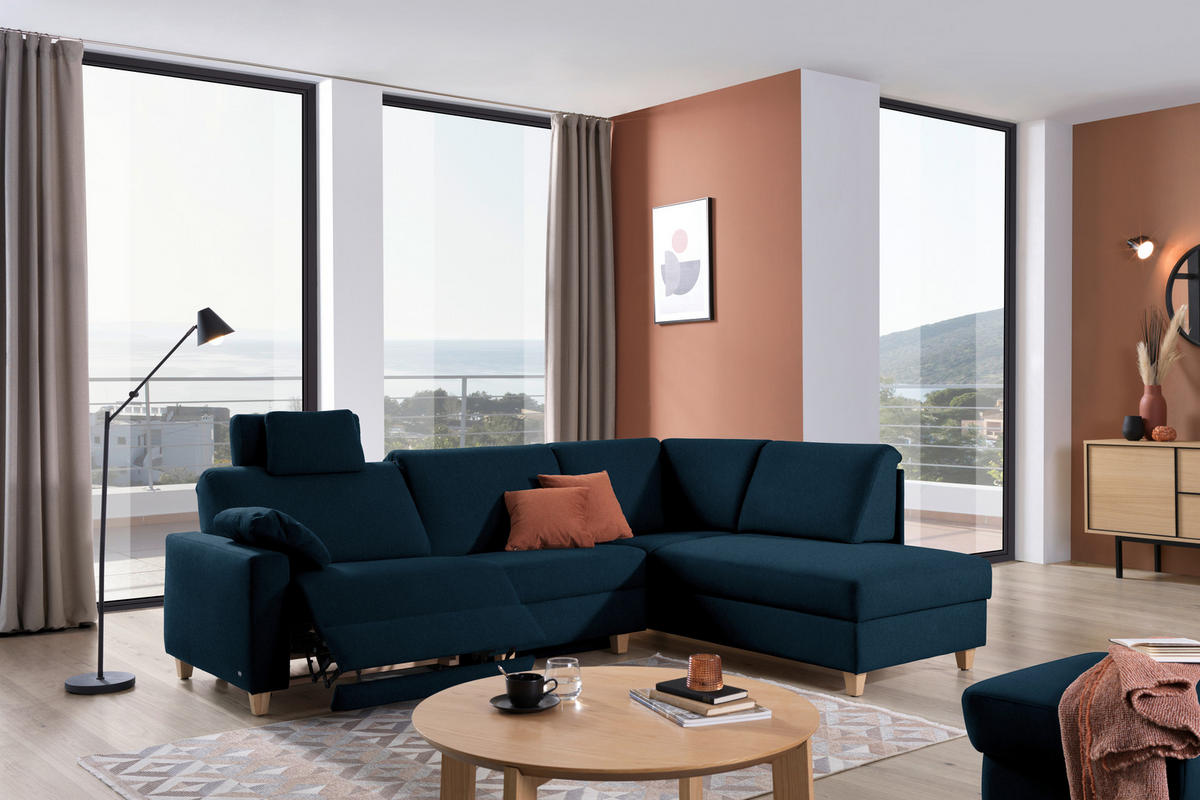 ECKSOFA in Flachgewebe Dunkelblau  261/203 cm  - Eichefarben/Dunkelblau, KONVENTIONELL, Holz/Textil (261/203cm) - Sedda