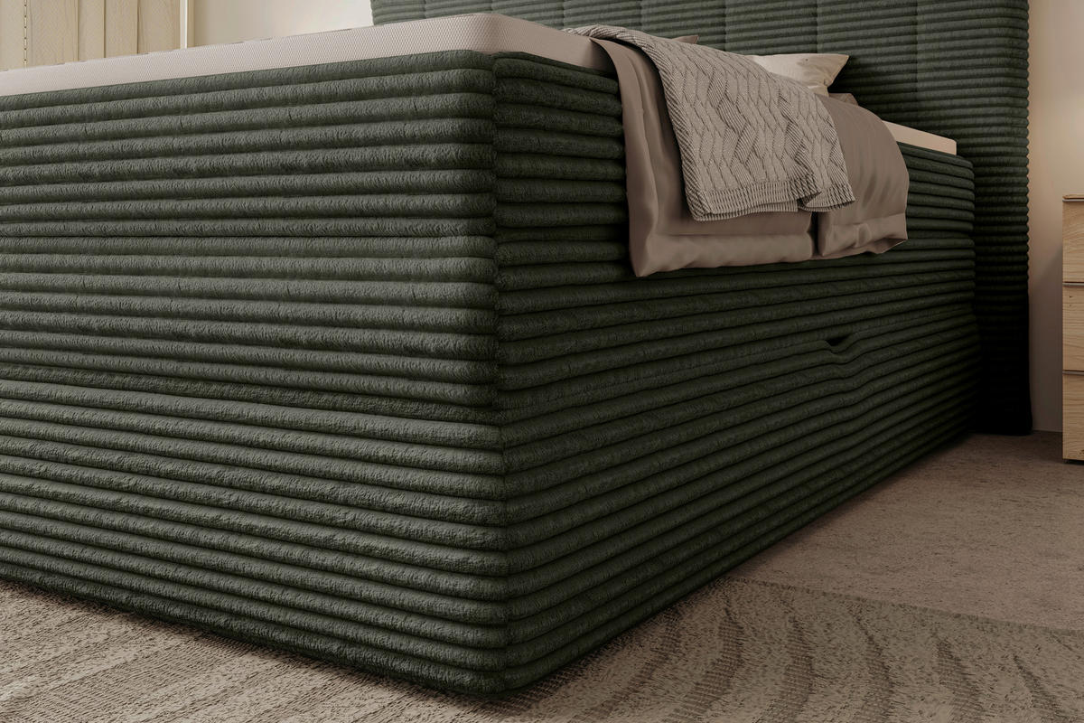 BOXSPRINGBETT 180/200 cm,  in Dunkelgrün, gepolstertes Kopfteil, Bettkasten, Topper, Matratzen, H2 + H4 = mittel + sehr fest  - Dunkelgrün/Schwarz, Design, Kunststoff/Textil (180/200cm) - Chameo