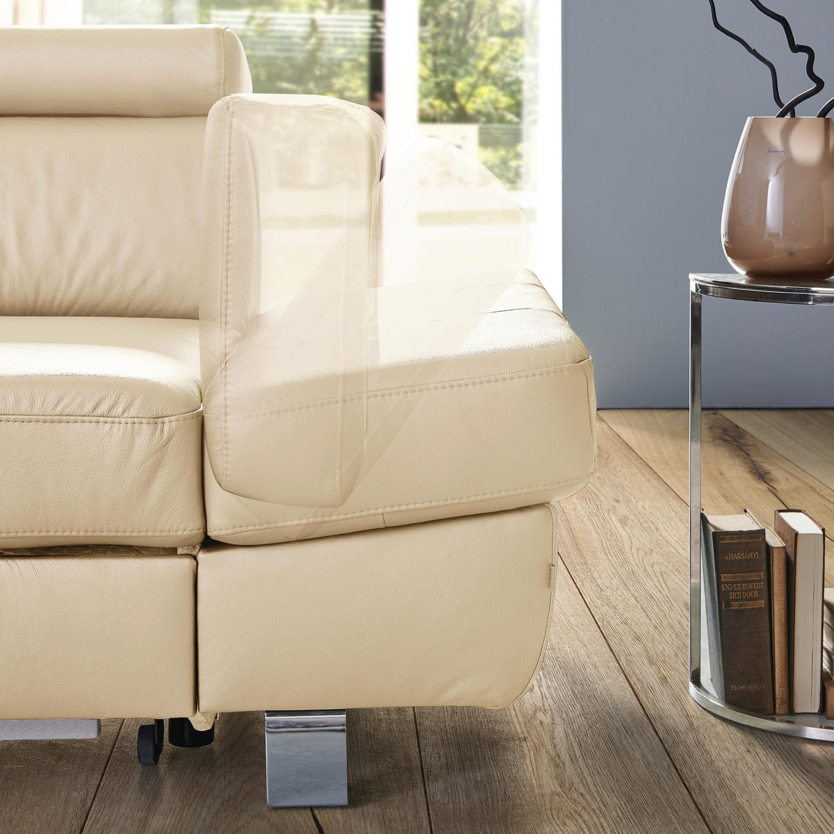 Ecksofa inkl. Funktion Ecru Kombination Echtleder/Lederlook Lederlook  - Chromfarben/Ecru, Design, Leder/Textil (256/212cm) - Stylife