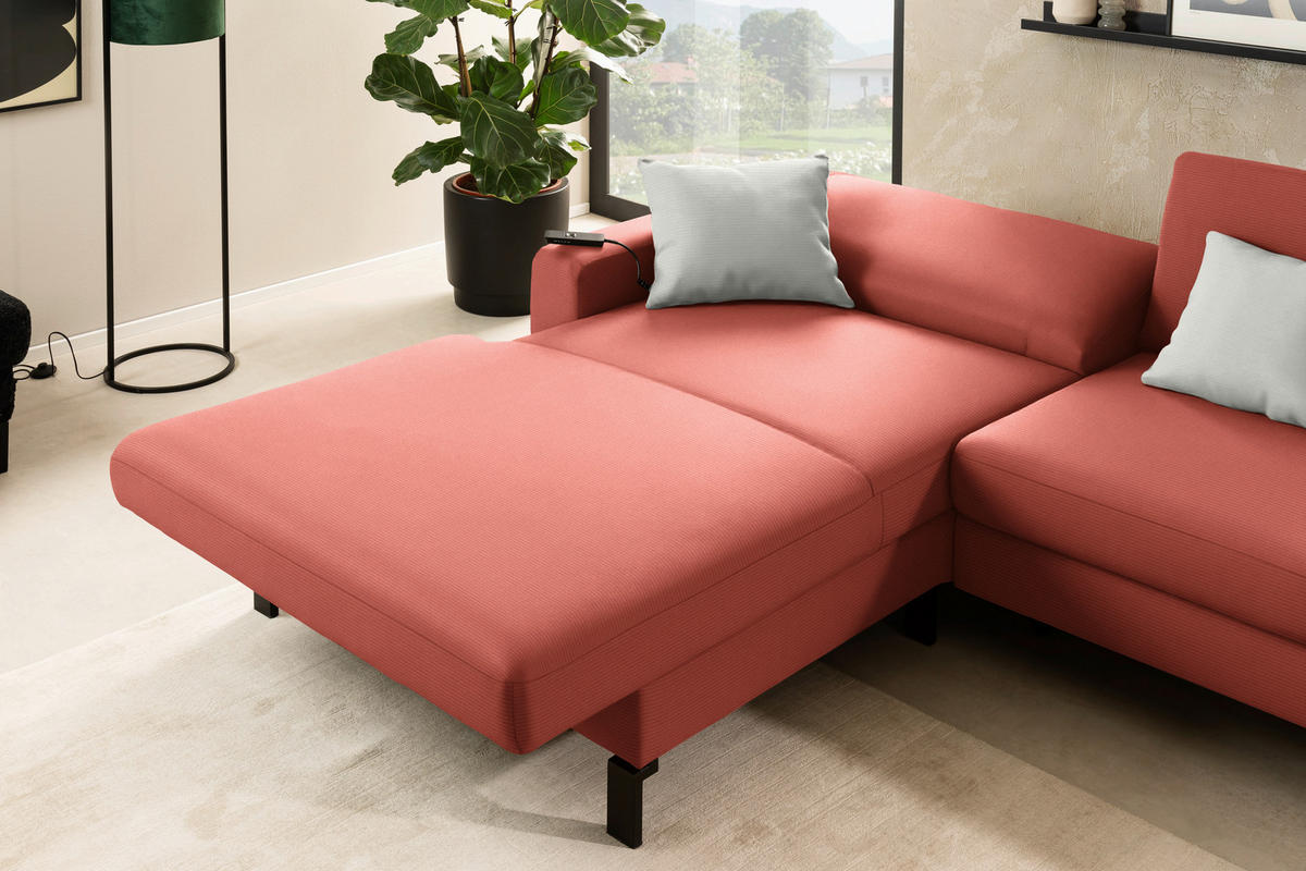 ECKSOFA  in Cord Koralle Rücken echt, Sitztiefenverstellung  185/298 cm  - Koralle/Schwarz, Design, Textil/Metall (185/298cm) - Pure Home Lifestyle