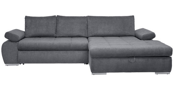 Das Bild zeigt ein dunkelgraues Ecksofa mit drei Sitzkissen und zwei Rückenkissen. Die Füße des Sofas sind aus Metall und silberfarben. Das Sofa hat einen modernen Stil und ist mit einem Stoffbezug versehen.