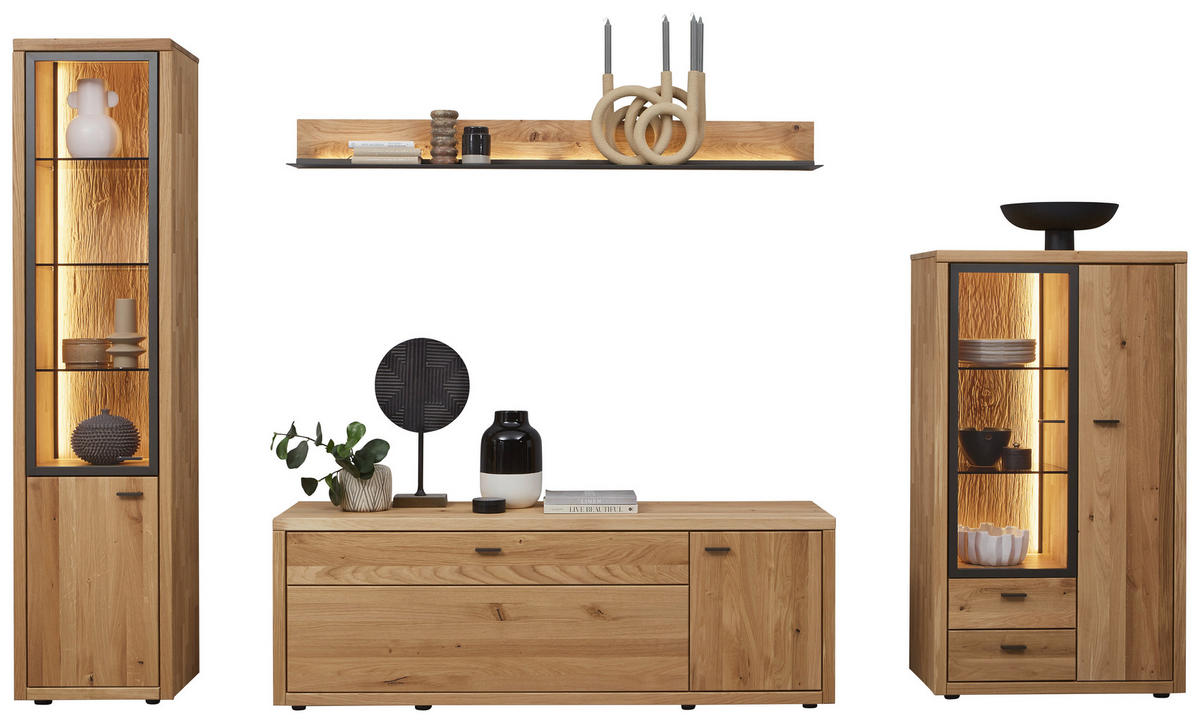 WOHNWAND  in Dunkelgrau, Wildeiche 324/202/45 cm  - Wildeiche/Dunkelgrau, Design, Glas/Holz (324/202/45cm) - Valnatura