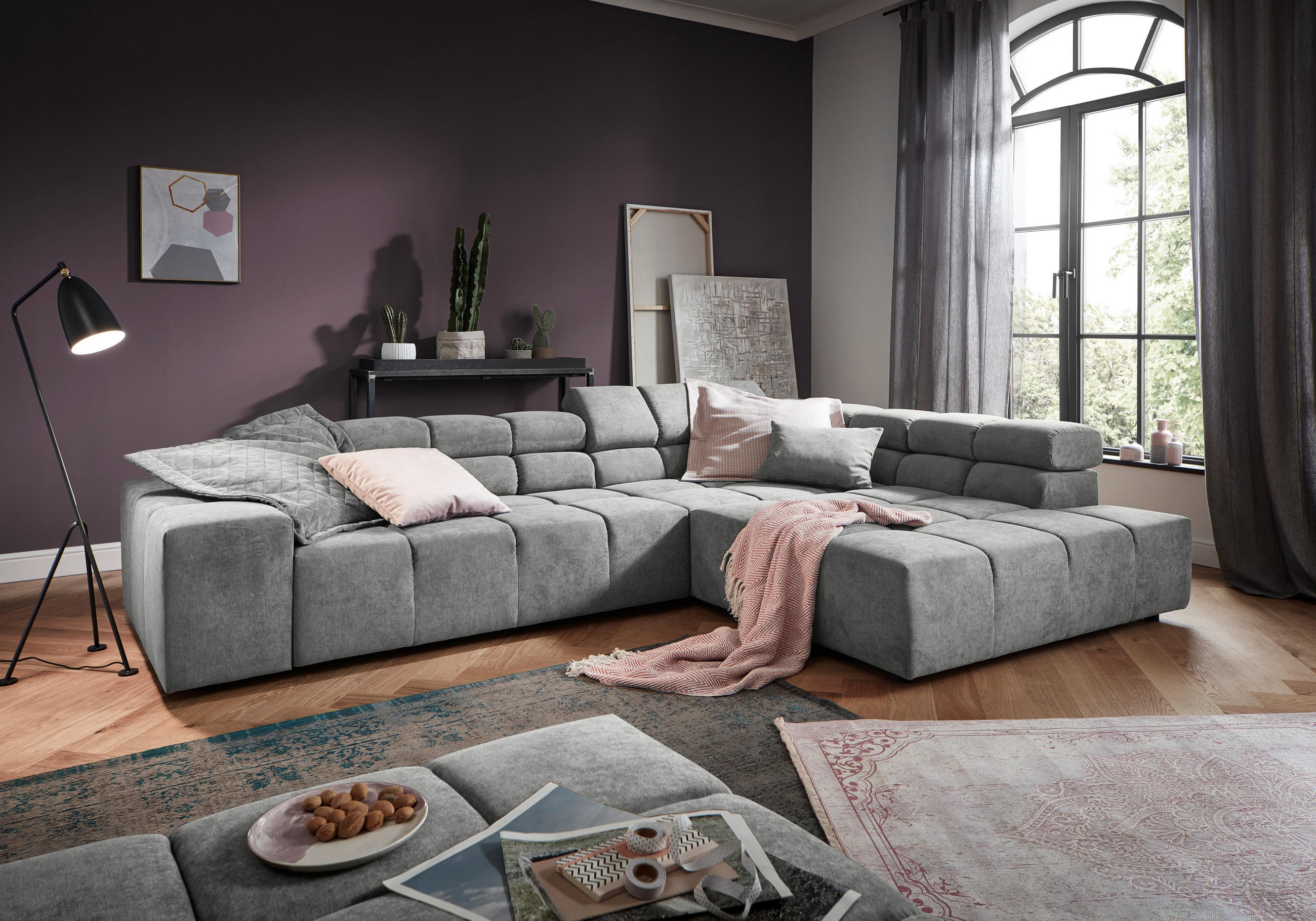 ECKSOFA in Velours Hellgrau  - Hellgrau/Schwarz, Design, Kunststoff/Textil (317/213cm) - Hom`in