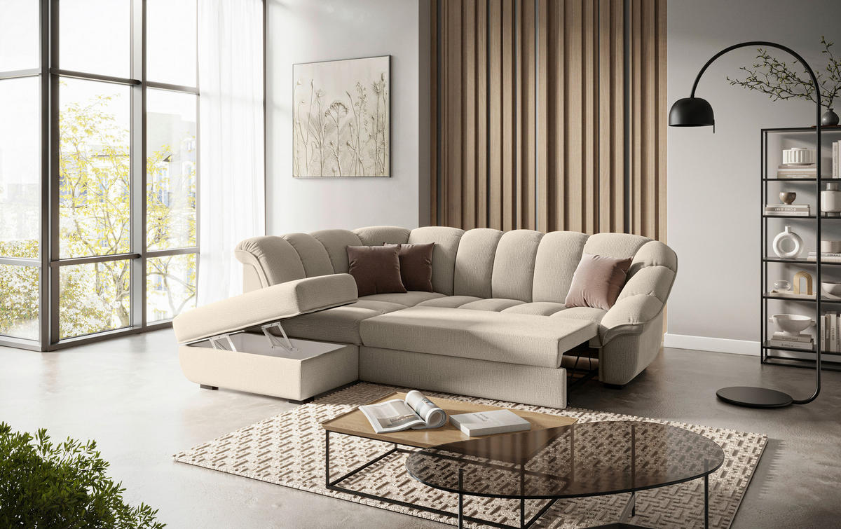 ECKSOFA Graubraun Chenille Bettkasten, Schlaffunktion, Rücken echt  - Graubraun/Schwarz, KONVENTIONELL, Kunststoff/Textil (222/260cm) - Welnova