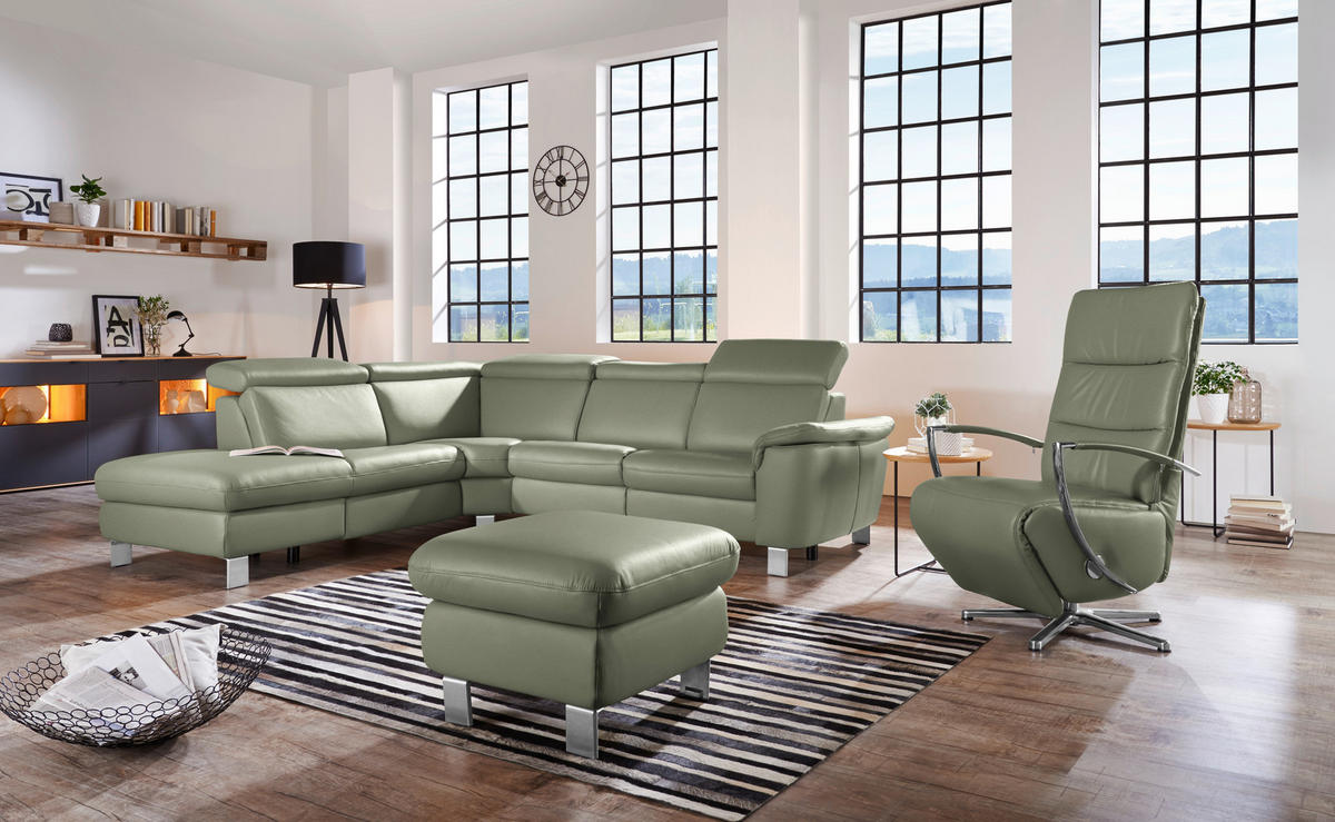 ECKSOFA in Echtleder Grün  - Alufarben/Grün, Design, Leder/Metall (239/271cm) - Cantus