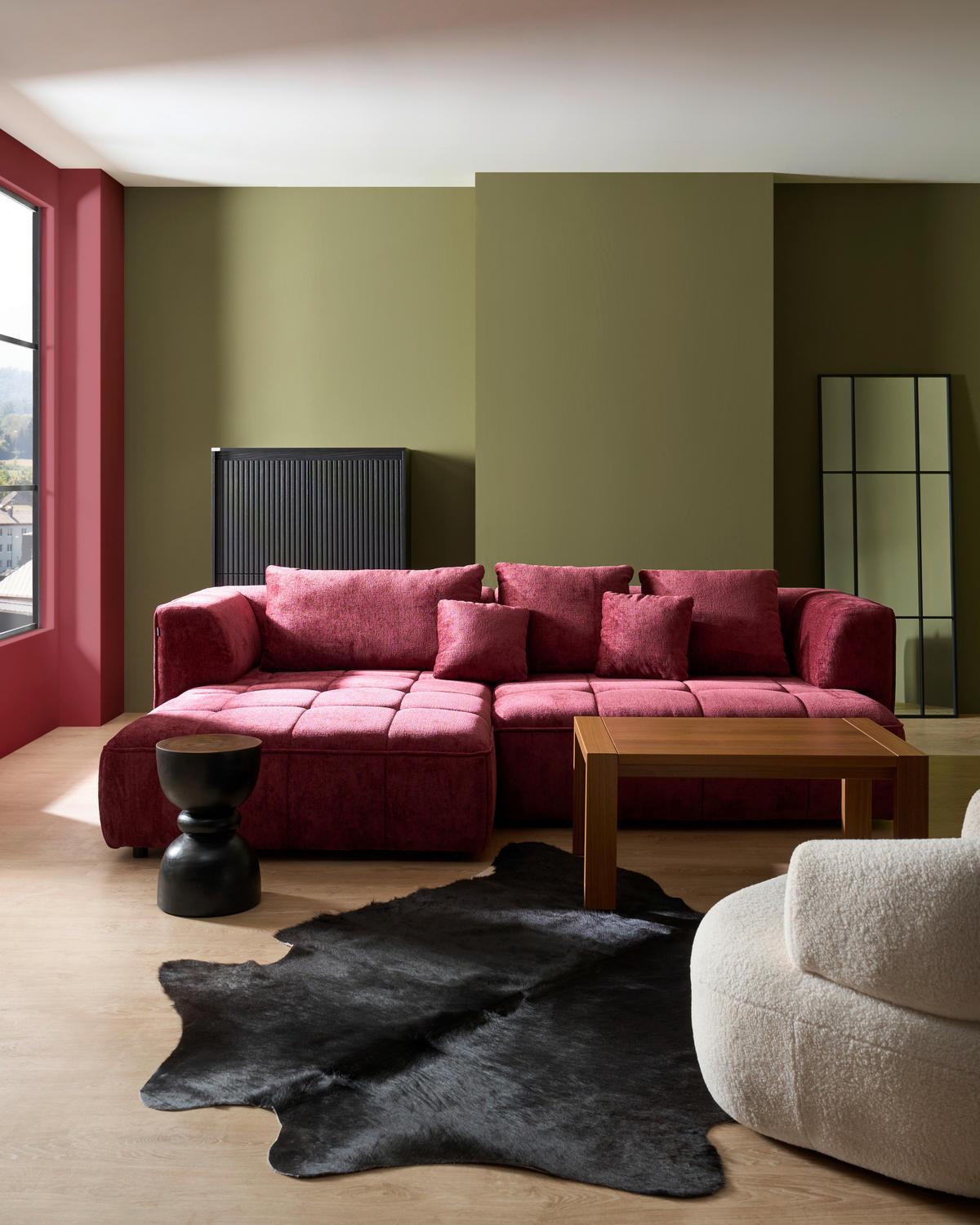 ECKSOFA  in Webstoff Kirschrot Zierkissen, Rückenkissen  188/288 cm  - Schwarz/Kirschrot, Design, Kunststoff/Textil (188/288cm) - Welnova
