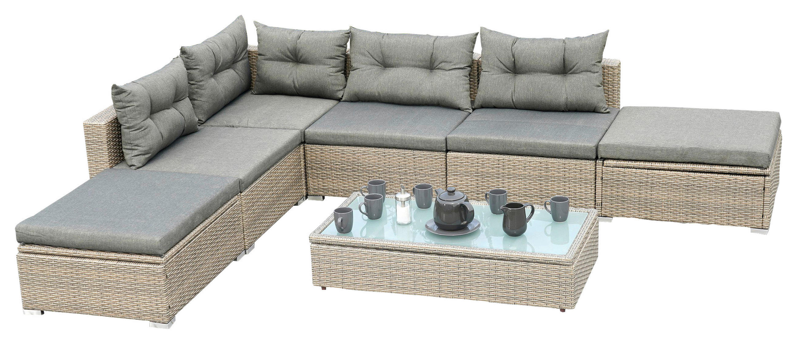 LOUNGEGARNITUR 7-teilig   Stahl  - Naturfarben/Grau, MODERN, Glas/Kunststoff - Gardenson