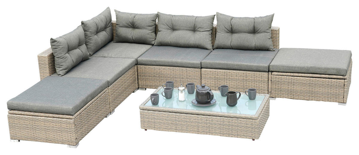 LOUNGEGARNITUR 7-teilig   Stahl  - Naturfarben/Grau, MODERN, Glas/Kunststoff - Gardenson