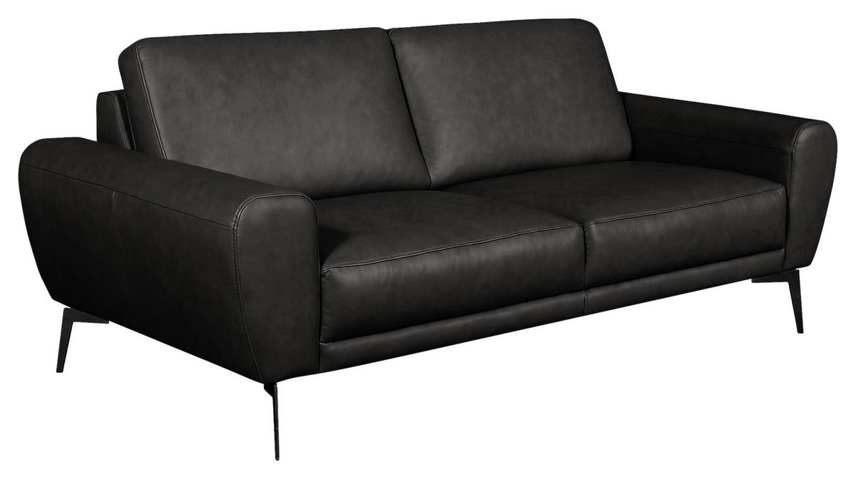 3-SITZER-SOFA Echtleder Schwarz  - Schwarz, Design, Leder/Metall (207/85/92cm) - Livetastic
