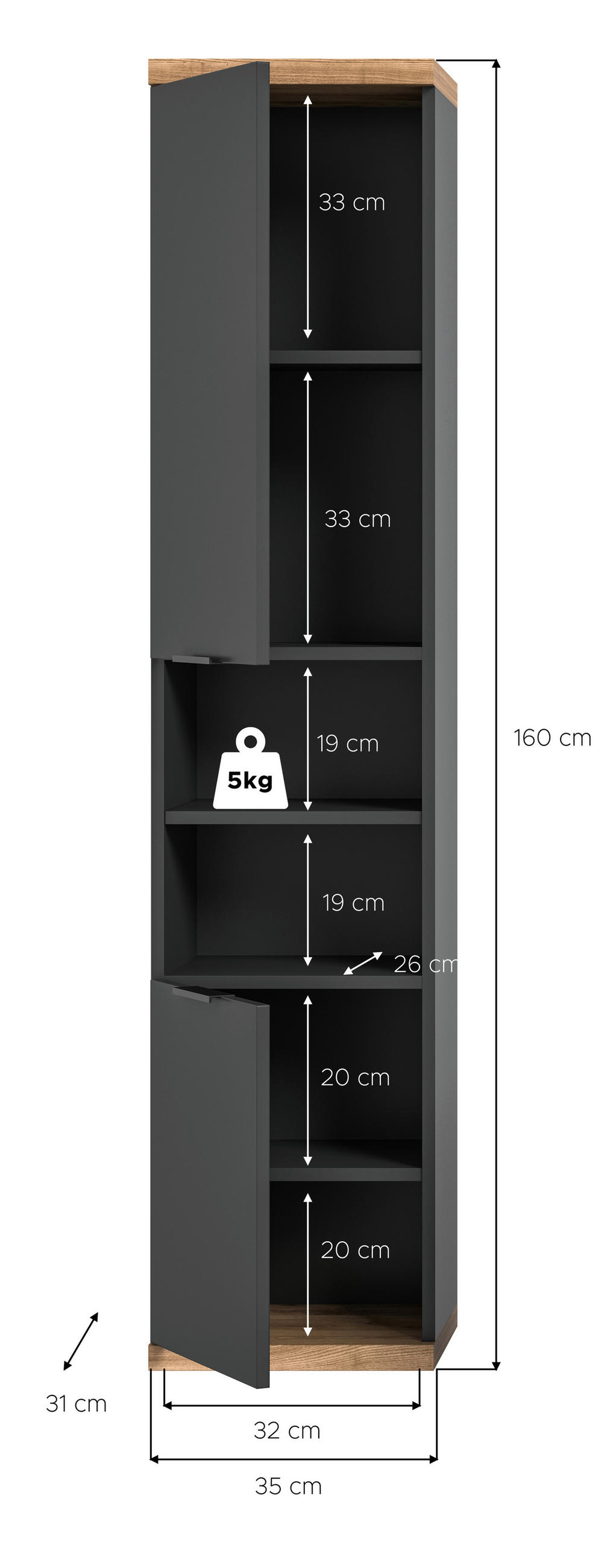 HOCHSCHRANK 35/160/31 cm  - Anthrazit/Schwarz, Basics, Holzwerkstoff/Kunststoff (35/160/31cm) - MID.YOU