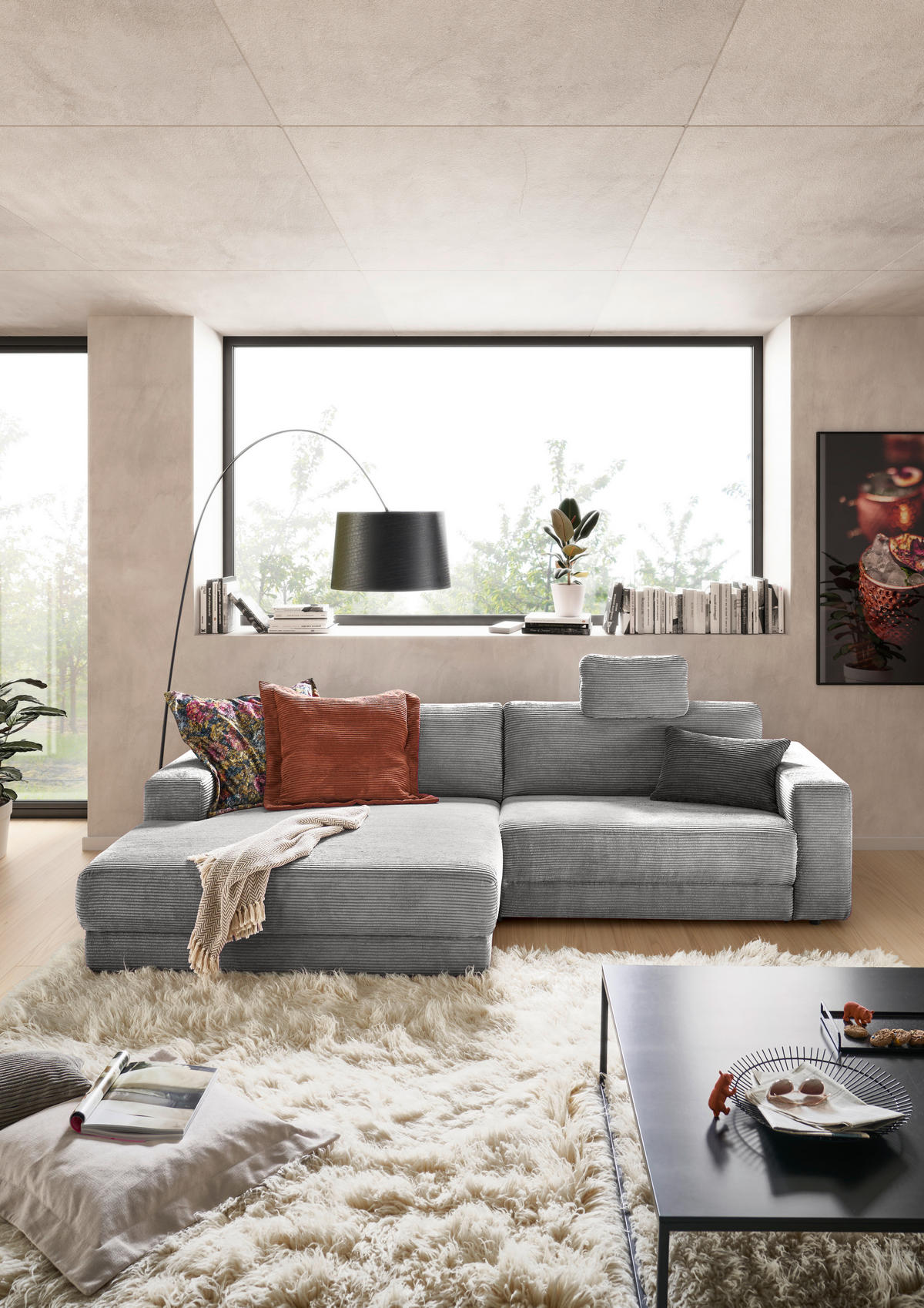 ECKSOFA in Cord Dunkelgrau  - Dunkelgrau/Schwarz, Design, Kunststoff/Textil (168/296cm) - Pure Home Lifestyle