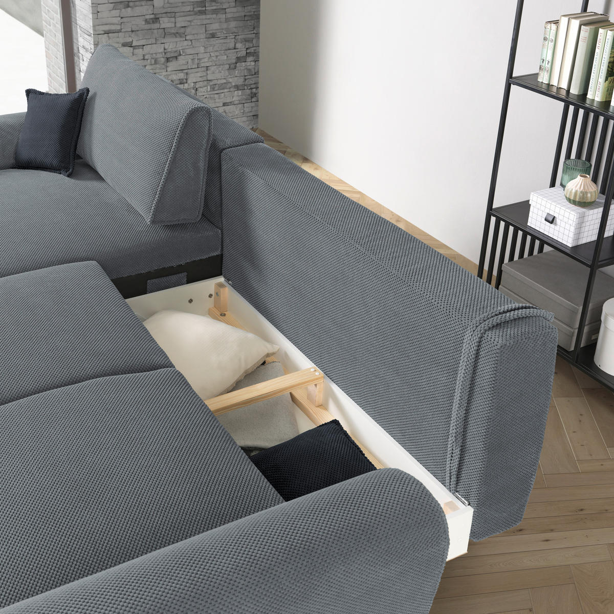 ECKSOFA in Webstoff Grau  - Schwarz/Grau, Design, Textil/Metall (170/272cm) - Welnova