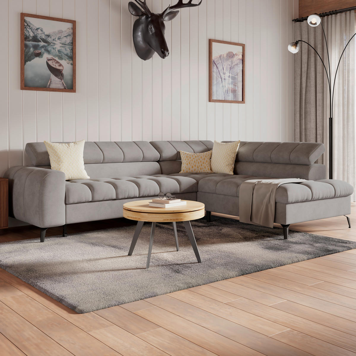 ECKSOFA Graublau Bettkasten, Rücken echt, Kopfteilverstellung  - Graublau/Schwarz, Trend, Kunststoff/Textil (261/203cm) - Livetastic