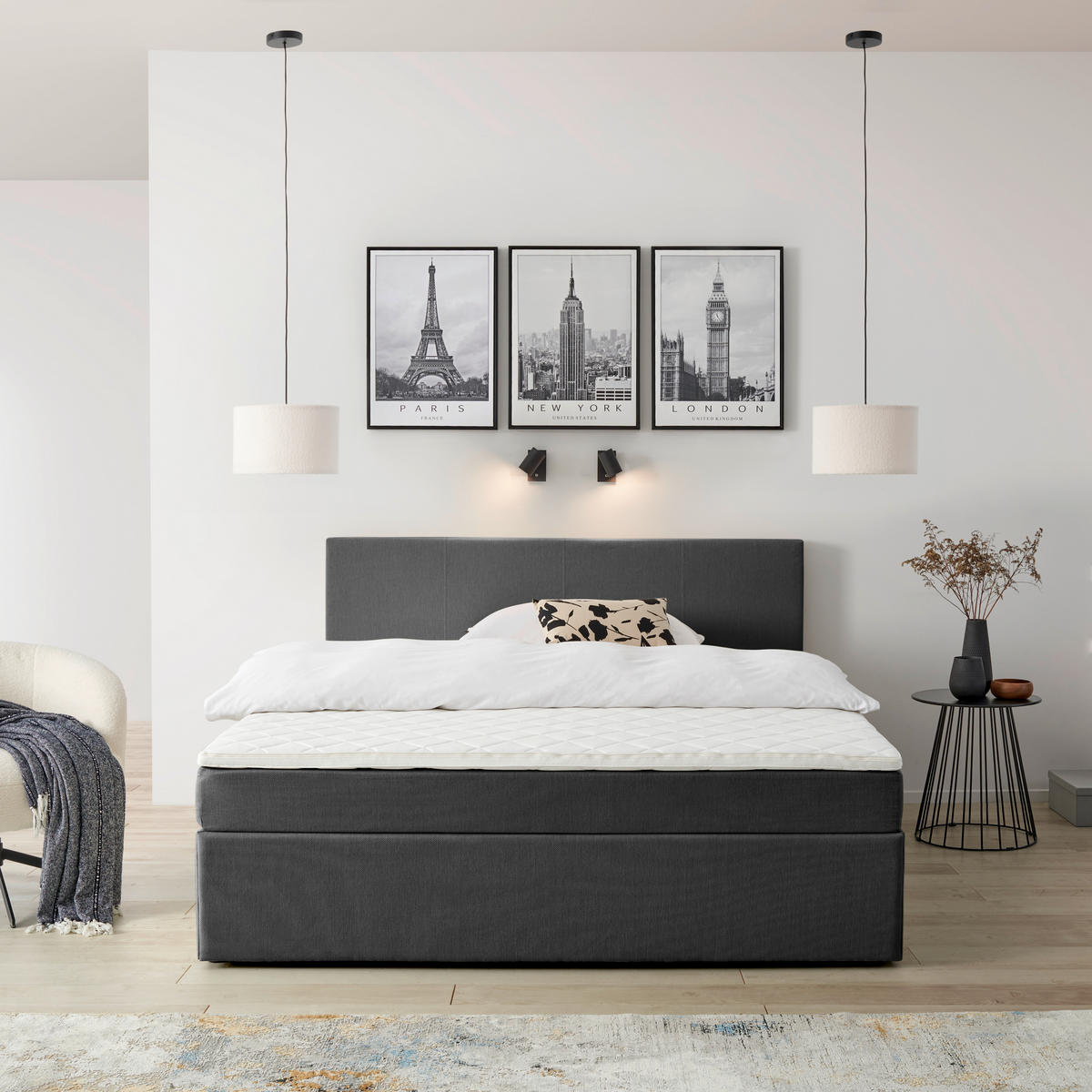 POSTELJA Z VZMETNICO 180 cm   x 200 cm  , tekstil, les, leseni material siva  - črna/siva, Basics, umetna masa/tekstil (180/200cm) - P & B