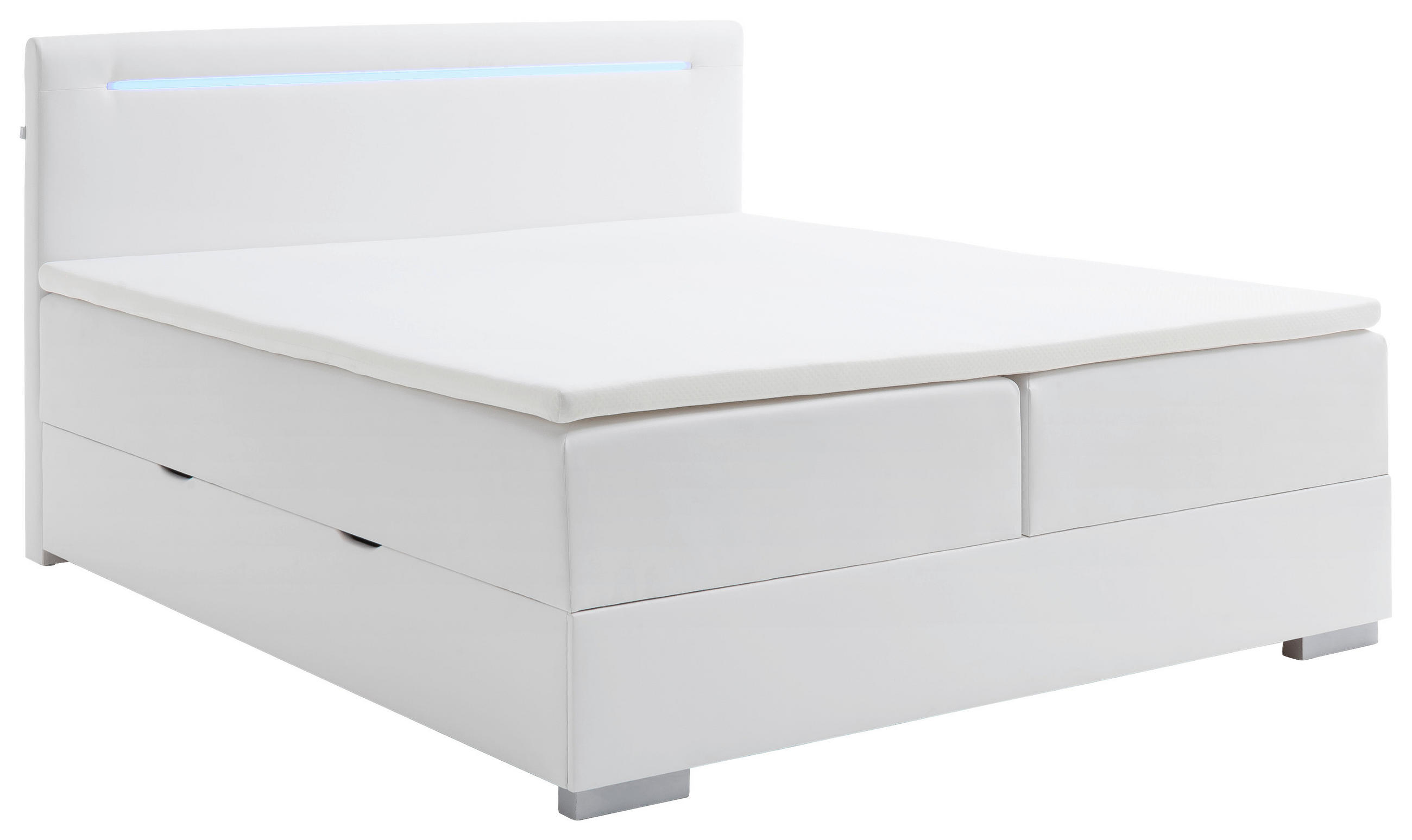 BOXBETT 180/200 cm,  in Weiß, Beleuchtung, Bettkasten, Topper, H3 = fest  - Edelstahlfarben/Weiß, MODERN, Kunststoff/Textil (180/200cm) - Livetastic