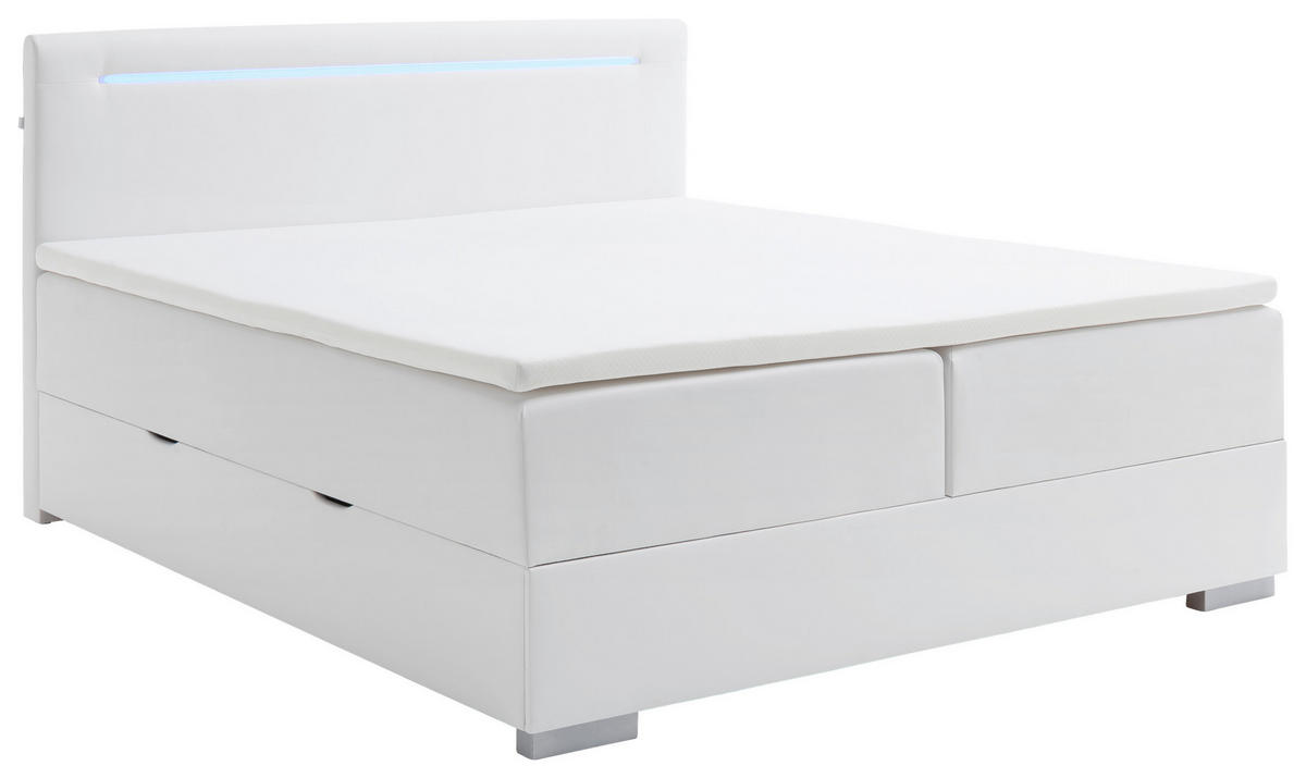 BOXBETT 180/200 cm,  in Weiß, Beleuchtung, Bettkasten, Topper, H3 = fest  - Edelstahlfarben/Weiß, MODERN, Kunststoff/Textil (180/200cm) - Livetastic
