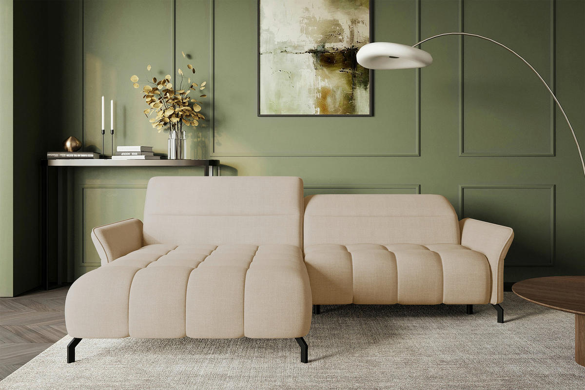 ECKSOFA Beige Flachgewebe Rücken echt, Kopfteilverstellung, Sitztiefenverstellung  - Beige/Schwarz, KONVENTIONELL, Textil/Metall (175/272cm) - Carryhome