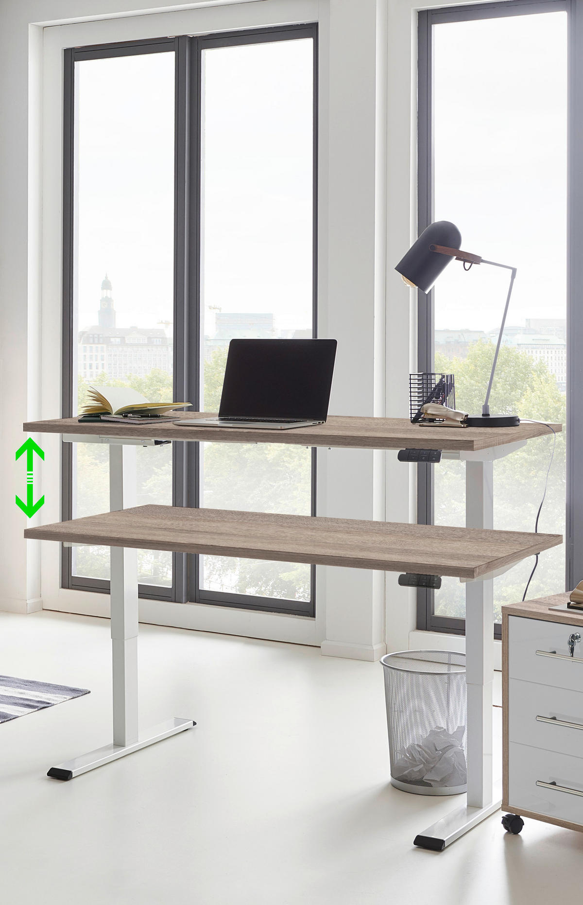 SCHREIBTISCH höhenverstellbar, Memoryschalter, USB-Anschlüsse  - Weiß/Sonoma Eiche, MODERN, Holzwerkstoff/Metall (160/80/69-119cm) - MID.YOU