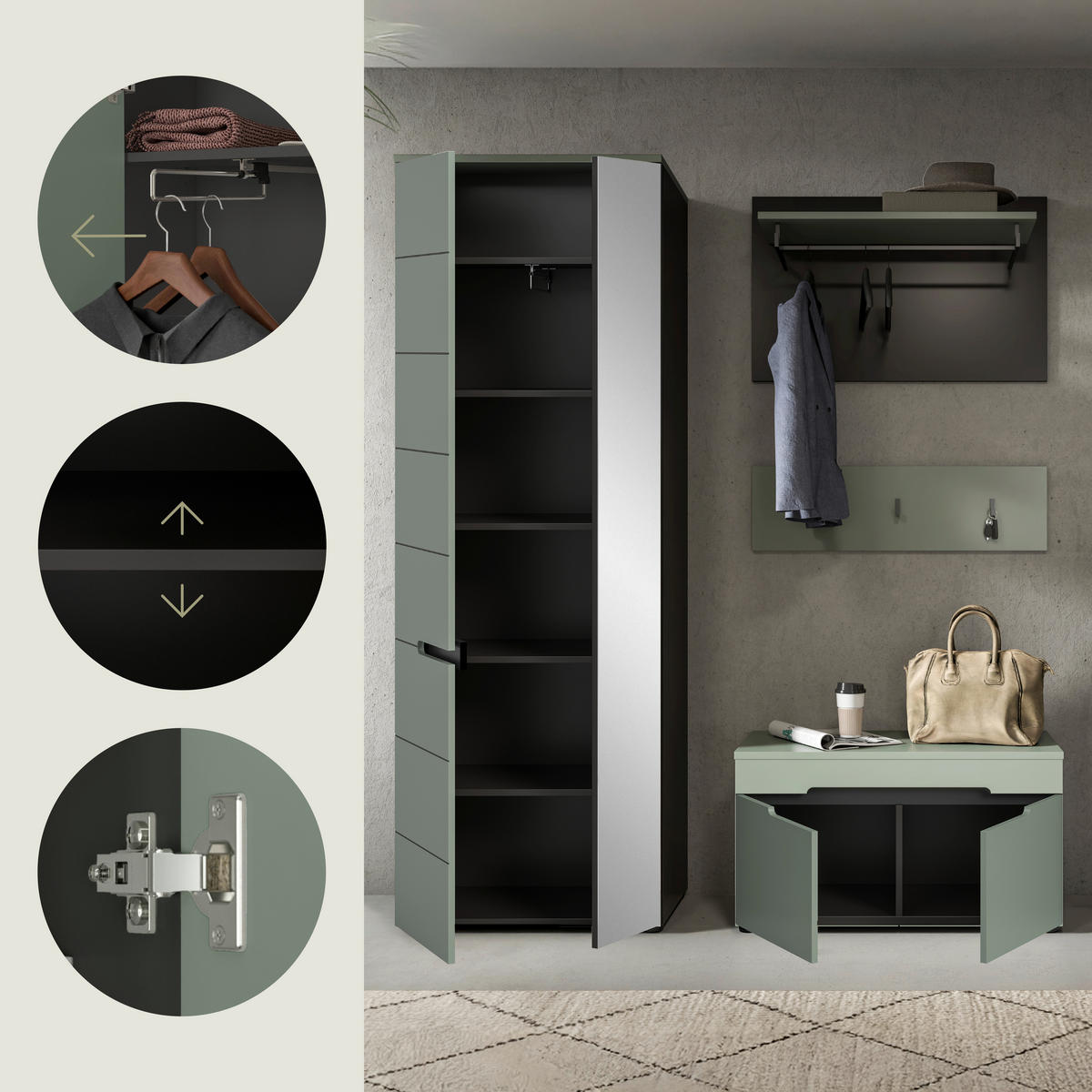 ELŐSZOBAFAL - szürke/szürkészöld, Design, faalapú anyag (160/190/37cm) - Livetastic