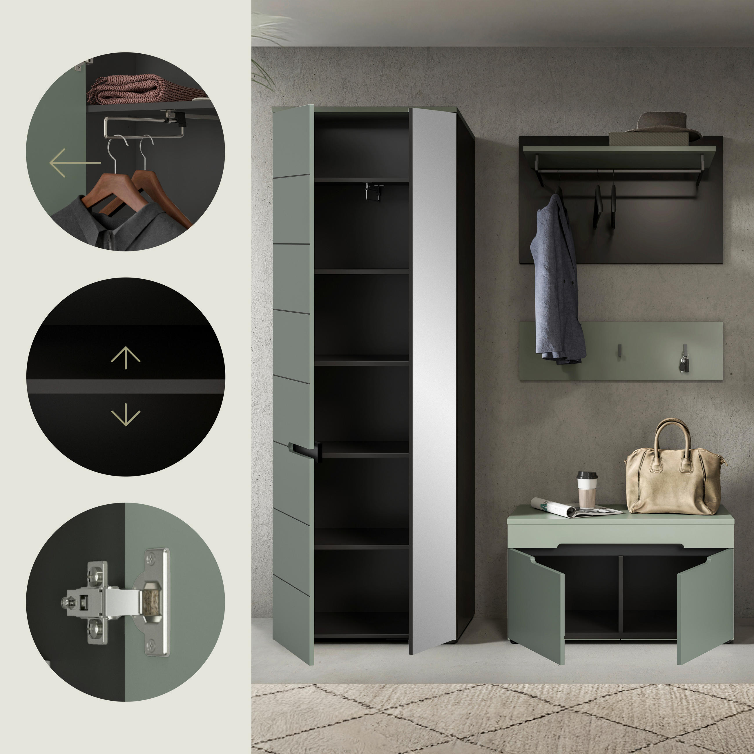 Thumbnail - Livetastic Garderobe, Grau, Graugrün, Holzwerkstoff, 3-teilig, 160x190x37 cm, FSC Mix, Garderobe, Garderoben-Sets & Seri...