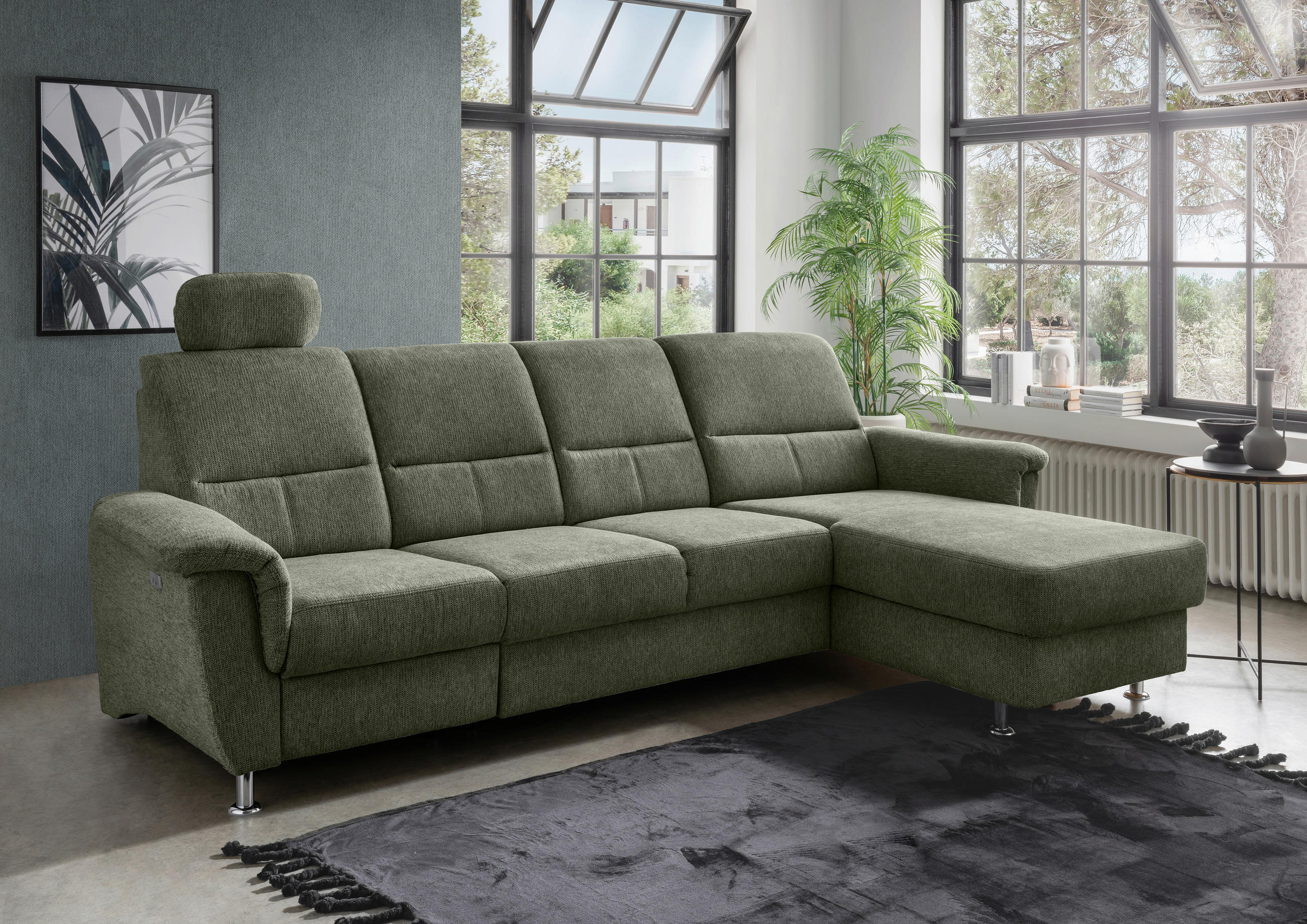 ECKSOFA Grün Chenille  - Chromfarben/Grün, KONVENTIONELL, Textil/Metall (292/165cm) - Livetastic