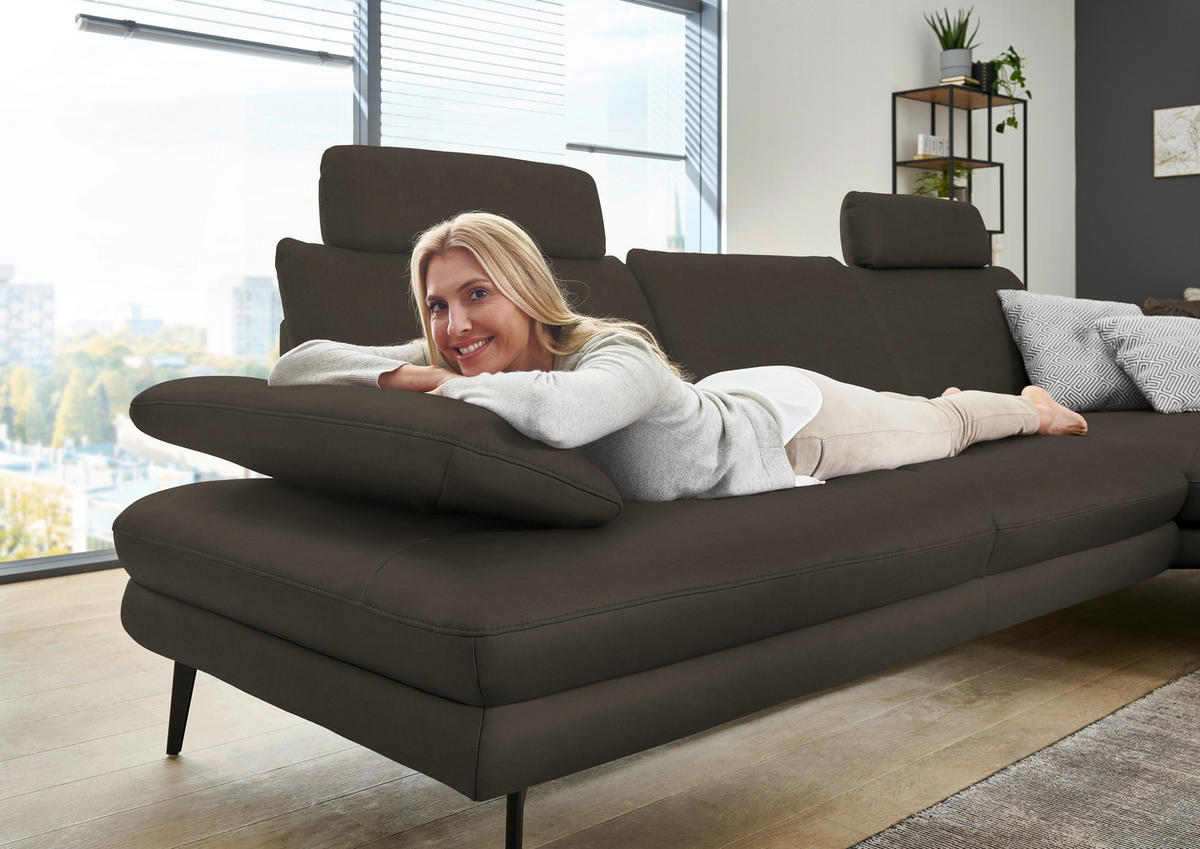 ECKSOFA in Echtleder Graubraun  - Graubraun/Schwarz, Design, Leder/Metall (310/180cm) - Dieter Knoll
