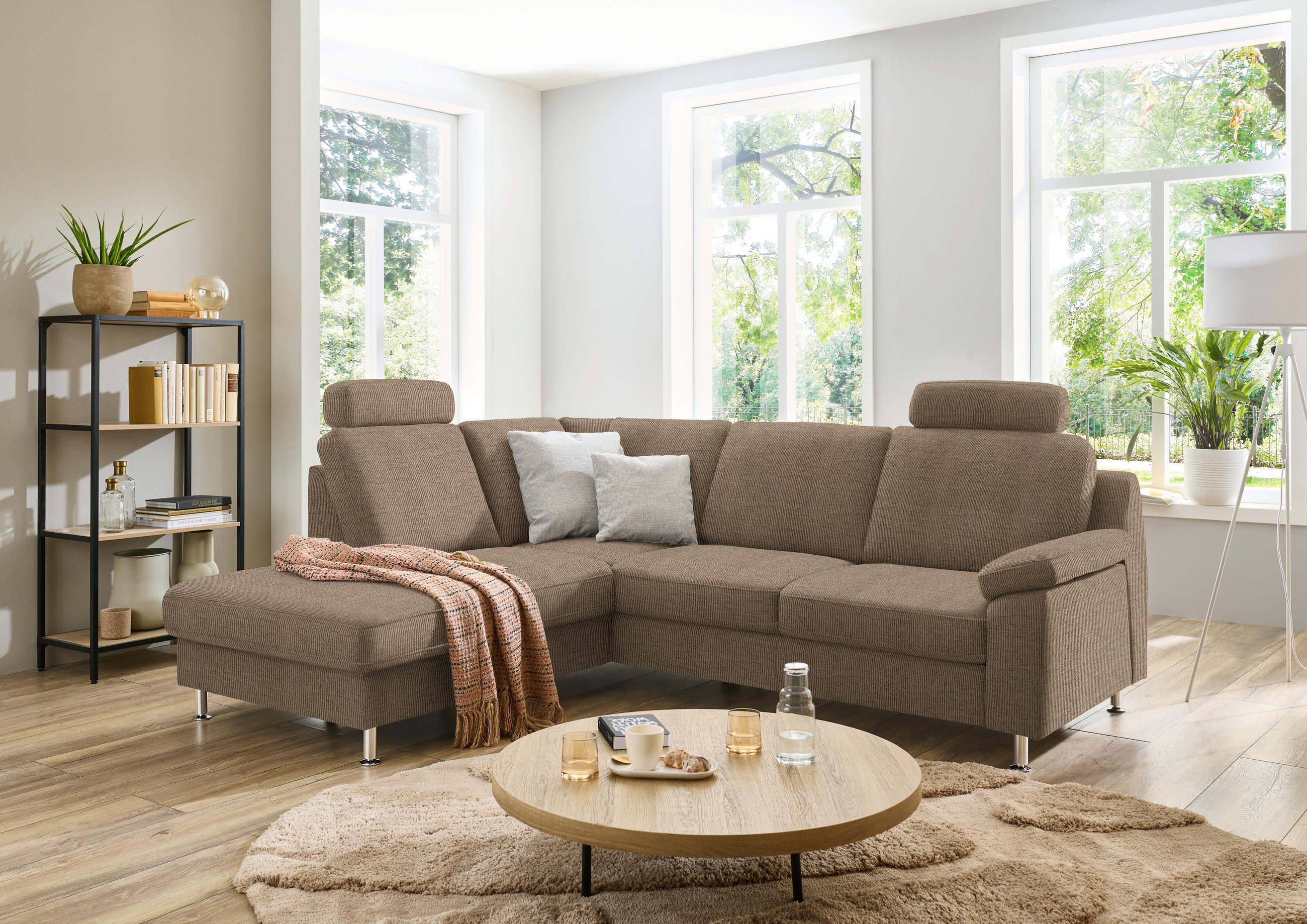 ECKSOFA in Webstoff Hellbraun  - Hellbraun/Alufarben, Konventionell, Textil/Metall (200/241cm) - Beldomo System