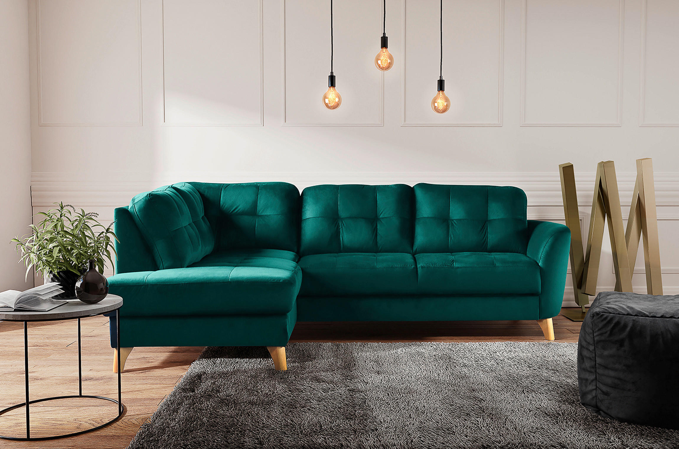 ECKSOFA Petrol Samt  - Buchefarben/Petrol, Design, Holz/Textil (190/236cm) - Livetastic
