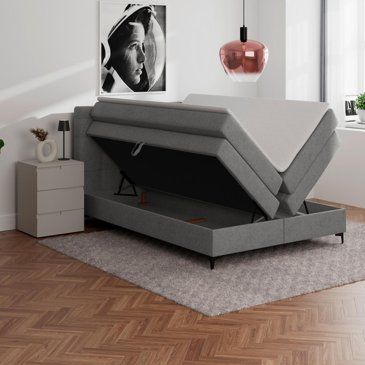 BOXSPRINGBETT 140/200 cm,  in Grau, H3 = fest  - Schwarz/Grau, KONVENTIONELL, Kunststoff/Textil (140/200cm)