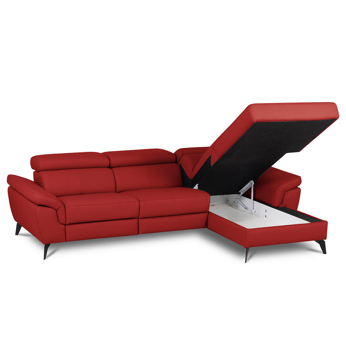 ECKSOFA Rot Echtleder Lederlook Bettkasten, Schlaffunktion, Rücken echt, Armteilverstellung, Kopfteilverstellung  - Rot/Schwarz, Design, Leder/Textil (252/179cm) - Livetastic