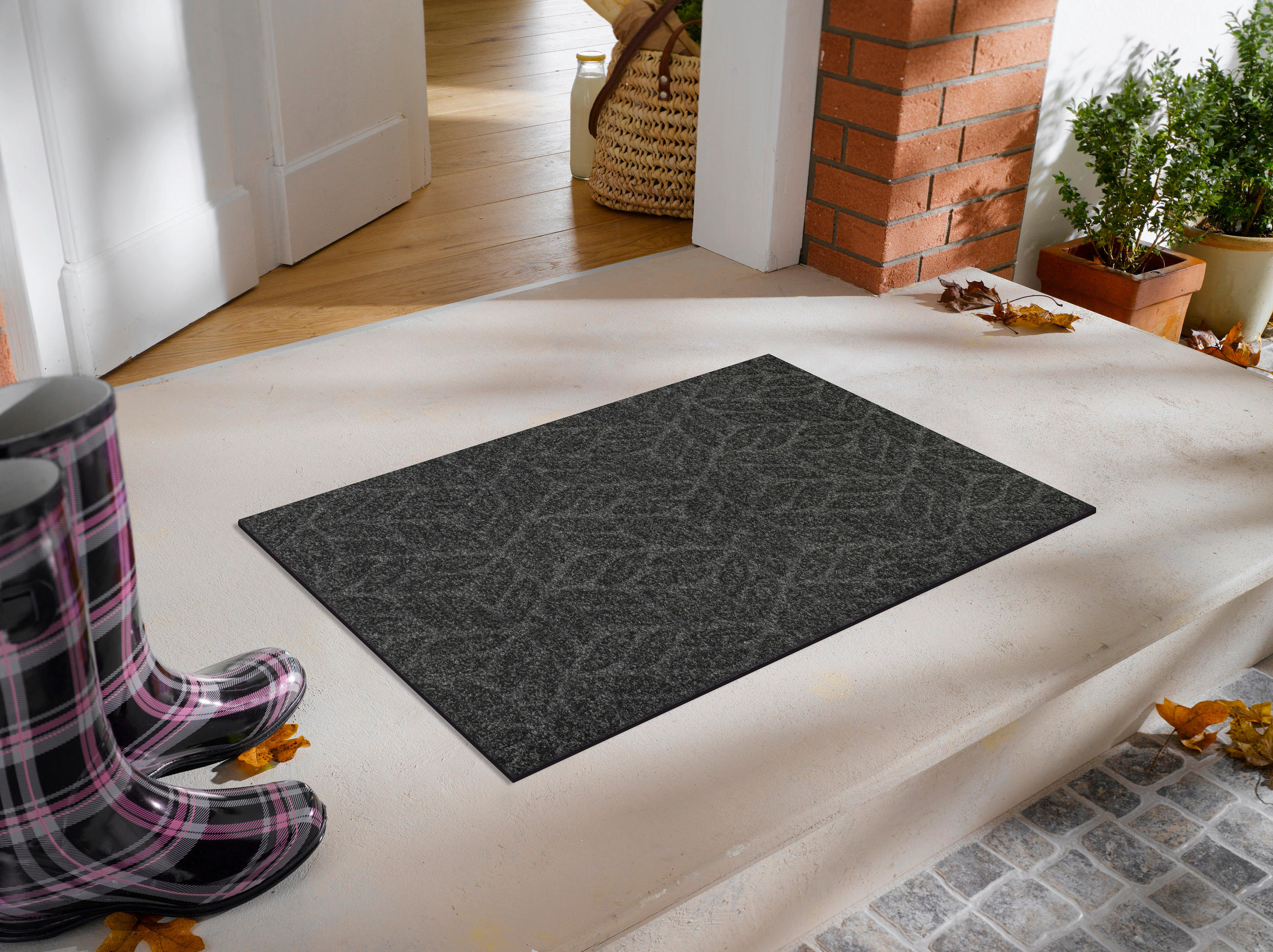 FUßMATTE 45/75 cm Dune Leaves dark grey  - Dunkelgrau, KONVENTIONELL, Kunststoff/Textil (45/75cm) - wash+dry