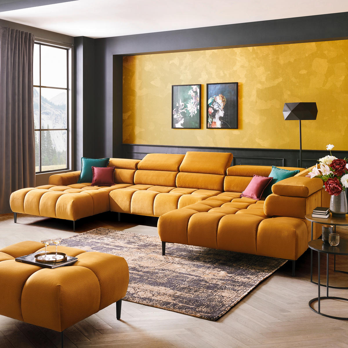 ECKSOFA in Webstoff Currygelb   - Currygelb/Schwarz, Design, Textil/Metall (177/385/216cm) - Welnova