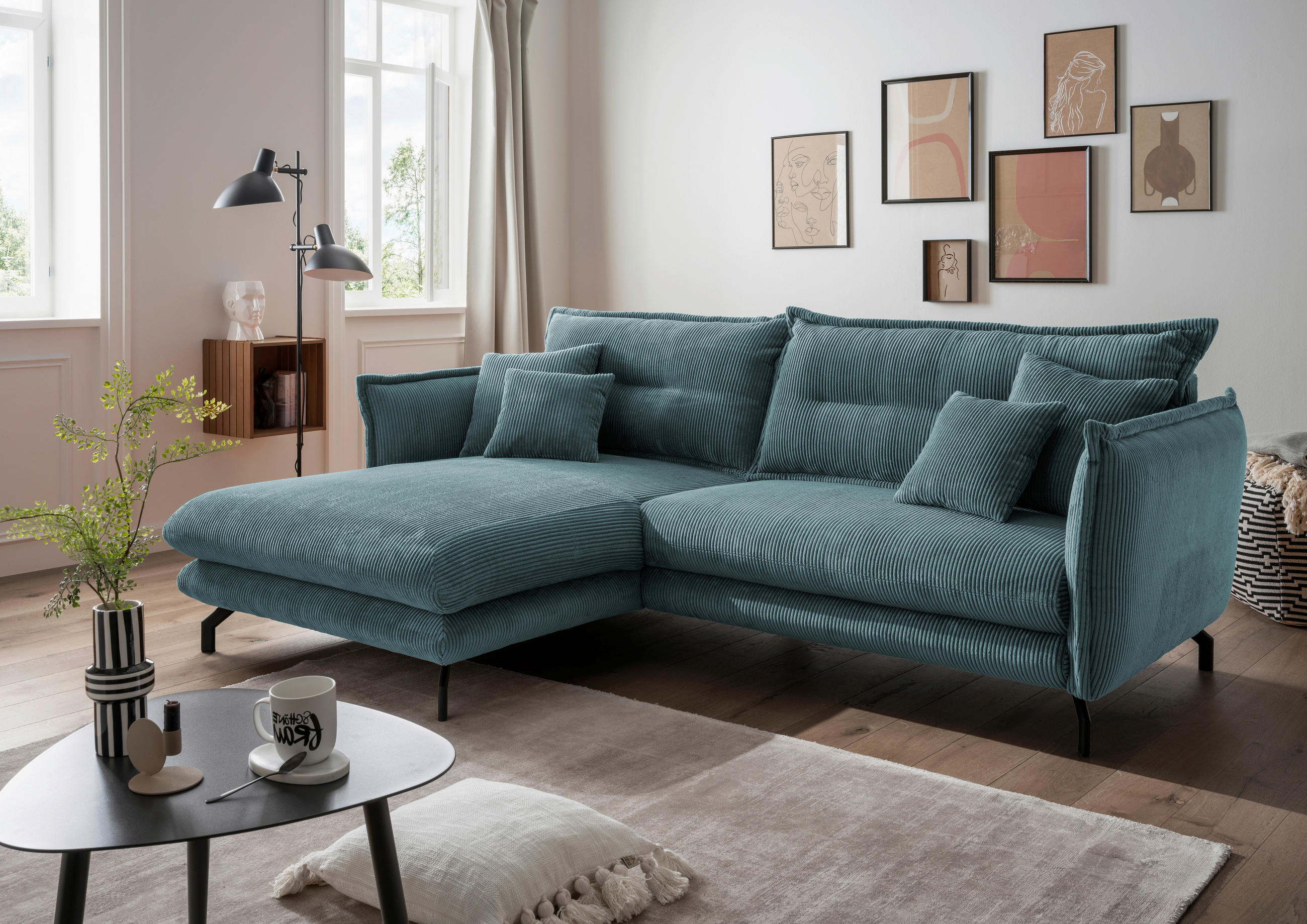 ECKSOFA Petrol Cord  - Petrol/Schwarz, MODERN, Textil/Metall (180/255cm) - Livetastic