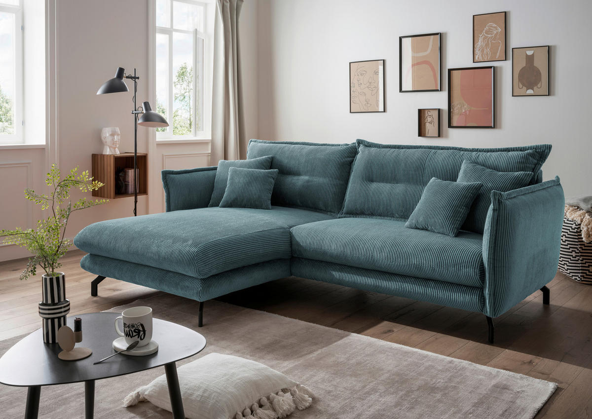 ECKSOFA in Cord Petrol  - Petrol/Schwarz, Modern, Textil/Metall (180/255cm) - Livetastic