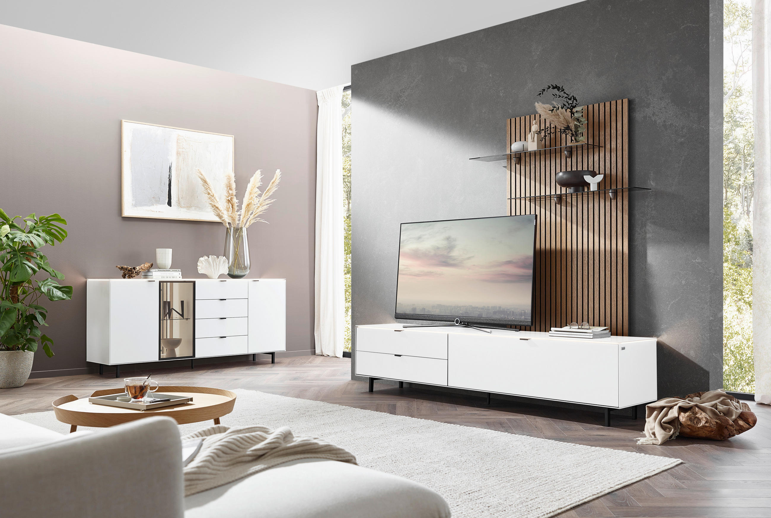 WOHNWAND  in Naturfarben, Weiss 216/149/46 cm  - Weiss/Naturfarben, Design, Glas/Holzwerkstoff (216/149/46cm) - Dieter Knoll
