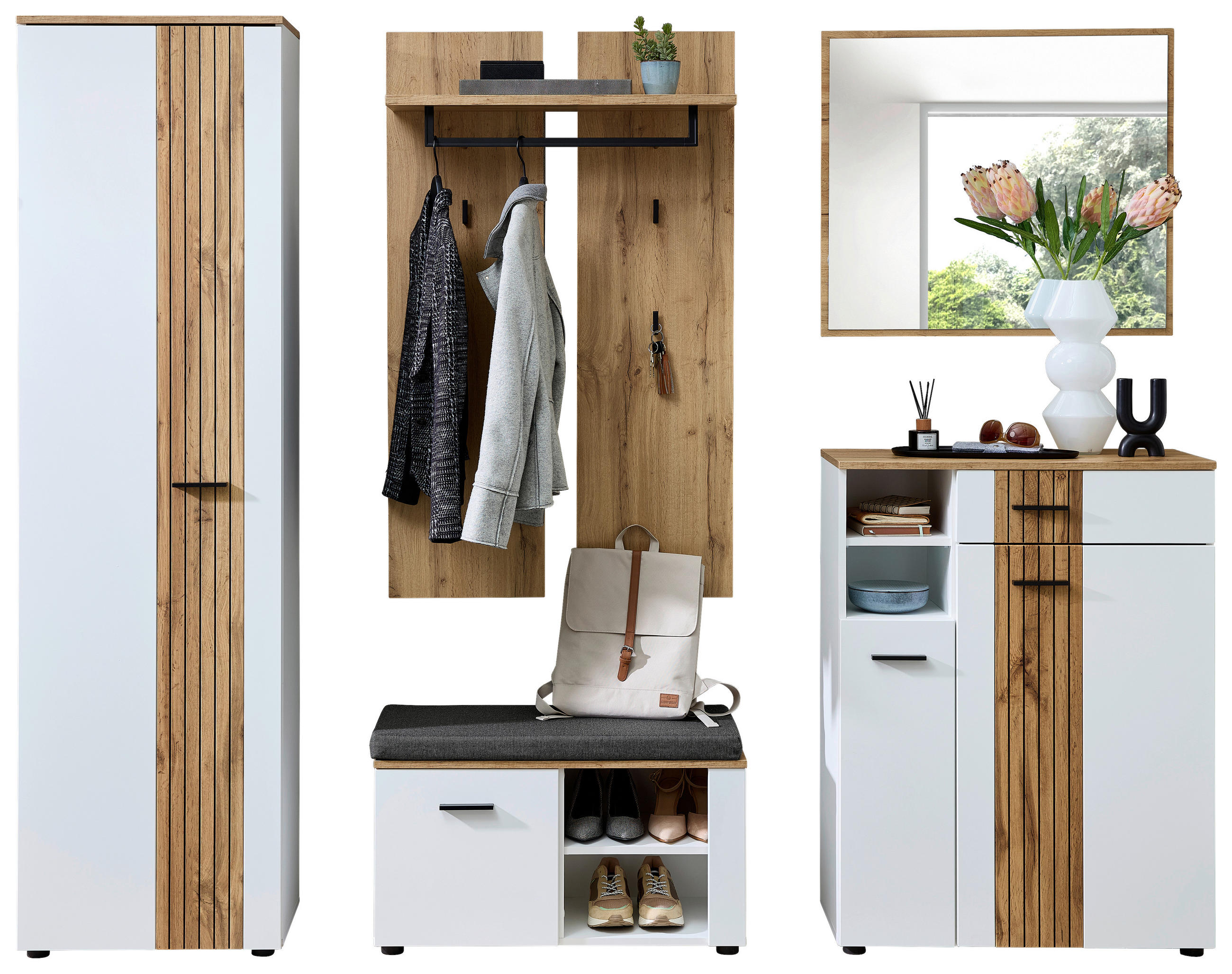 GARDEROBE 5-teilig  in 247/202/38 cm  - Eichefarben/Anthrazit, Basics, Glas/Holzwerkstoff (247/202/38cm) - Xora
