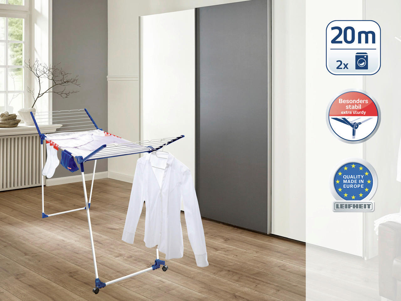 STANDTROCKNER PEGASUS 200 SOLID DEL. M 95/67/87 cm  - Blau/Weiß, Basics, Kunststoff/Metall (95/67/87cm) - Leifheit