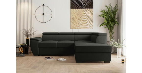 ECKSOFA Anthrazit Flachgewebe Schlaffunktion, Rücken echt, Kopfteilverstellung, Liegefläche im Originalstoff  - Anthrazit/Schwarz, KONVENTIONELL, Kunststoff/Textil (266/220cm) - Carryhome
