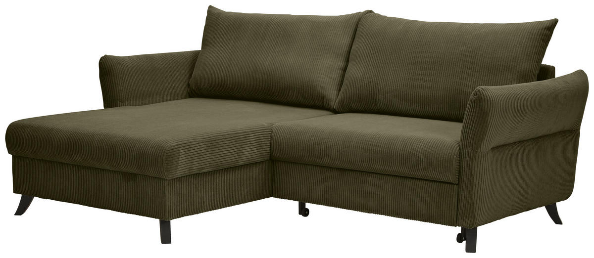 ECKSOFA in Cord Olivgrün  - Schwarz/Olivgrün, Romantik / Landhaus, Holz/Textil (245/159cm) - Stylife