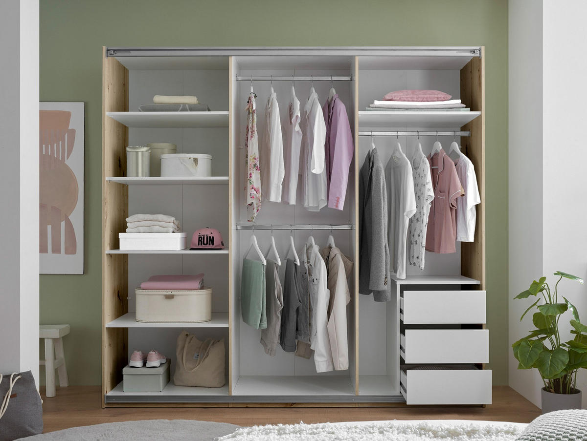 Dulap Cu Uși Culisante, 215/204/63 cm, stejar Artisan - alb/cașmir, Basics, sticlă/metal (215/204/63cm) - Carryhome