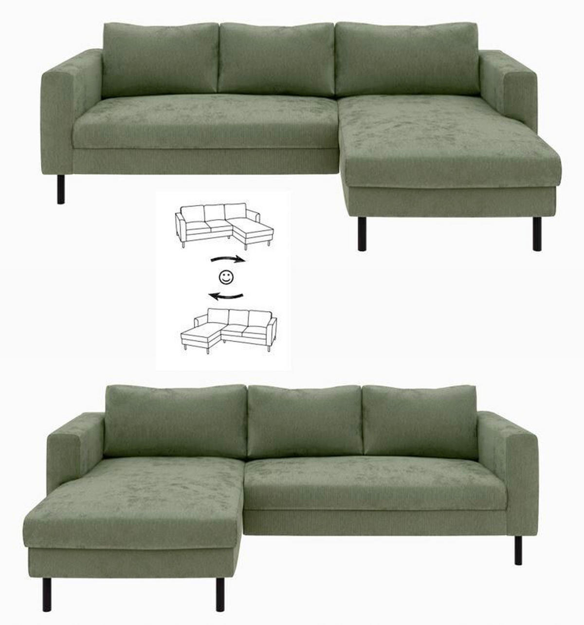 ECKSCHLAFSOFA  mit Rücken echt, Armteil links, Armteil rechts Cord Grün  - Schwarz/Grün, MODERN, Textil/Metall (232/161cm) - Trendmanufaktur