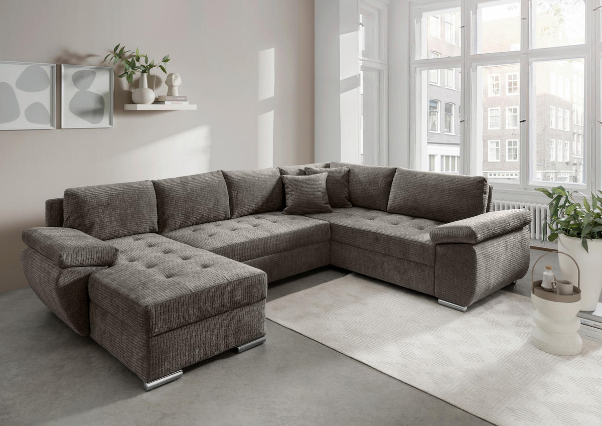 WOHNLANDSCHAFT Graubraun Mikrofaser  - Chromfarben/Graubraun, KONVENTIONELL, Textil/Metall (157/305/219cm) - Livetastic
