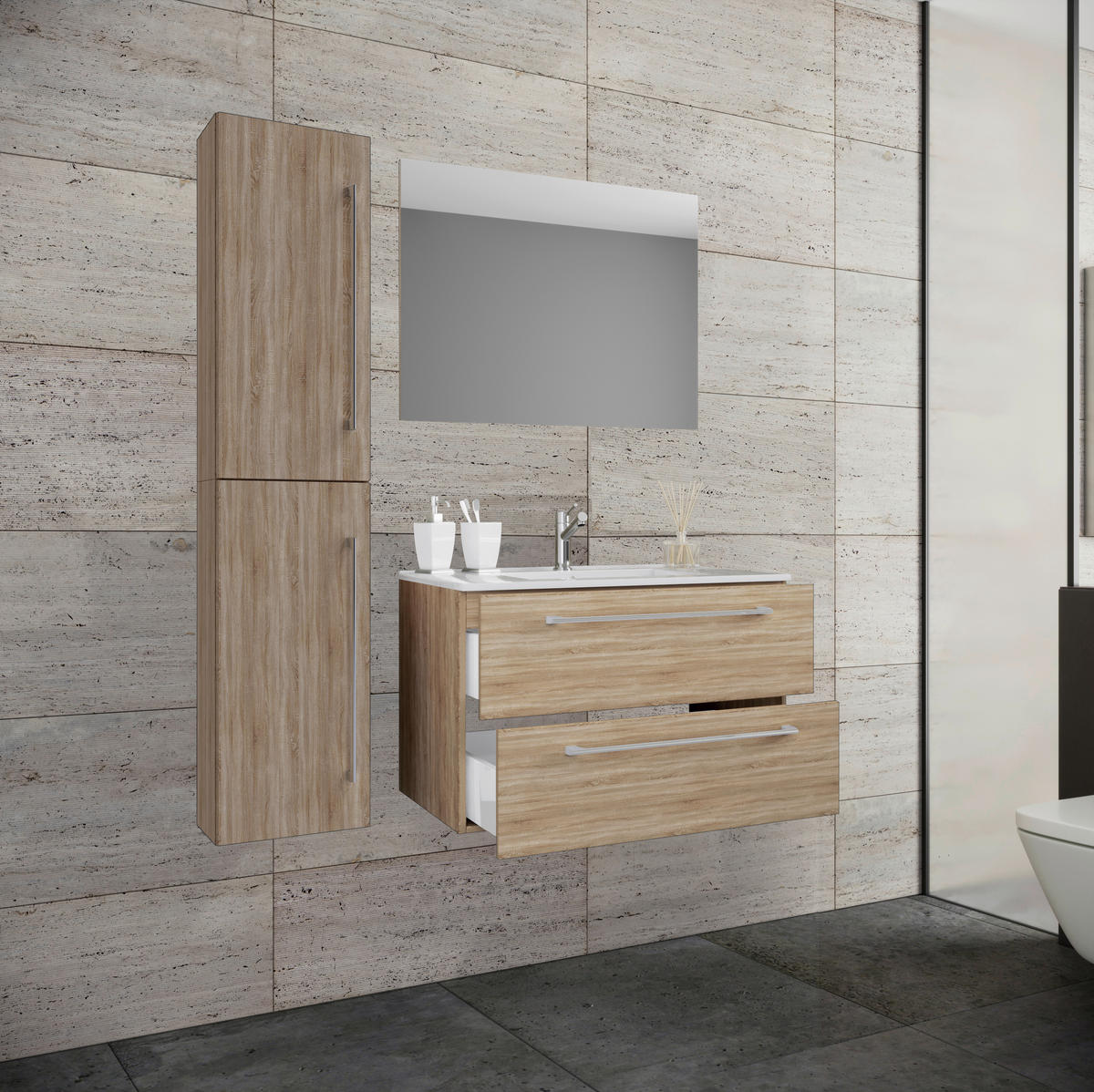 BADEZIMMER  in 113 cm  - Weiß/Sonoma Eiche, MODERN, Keramik/Holzwerkstoff (113cm) - MID.YOU