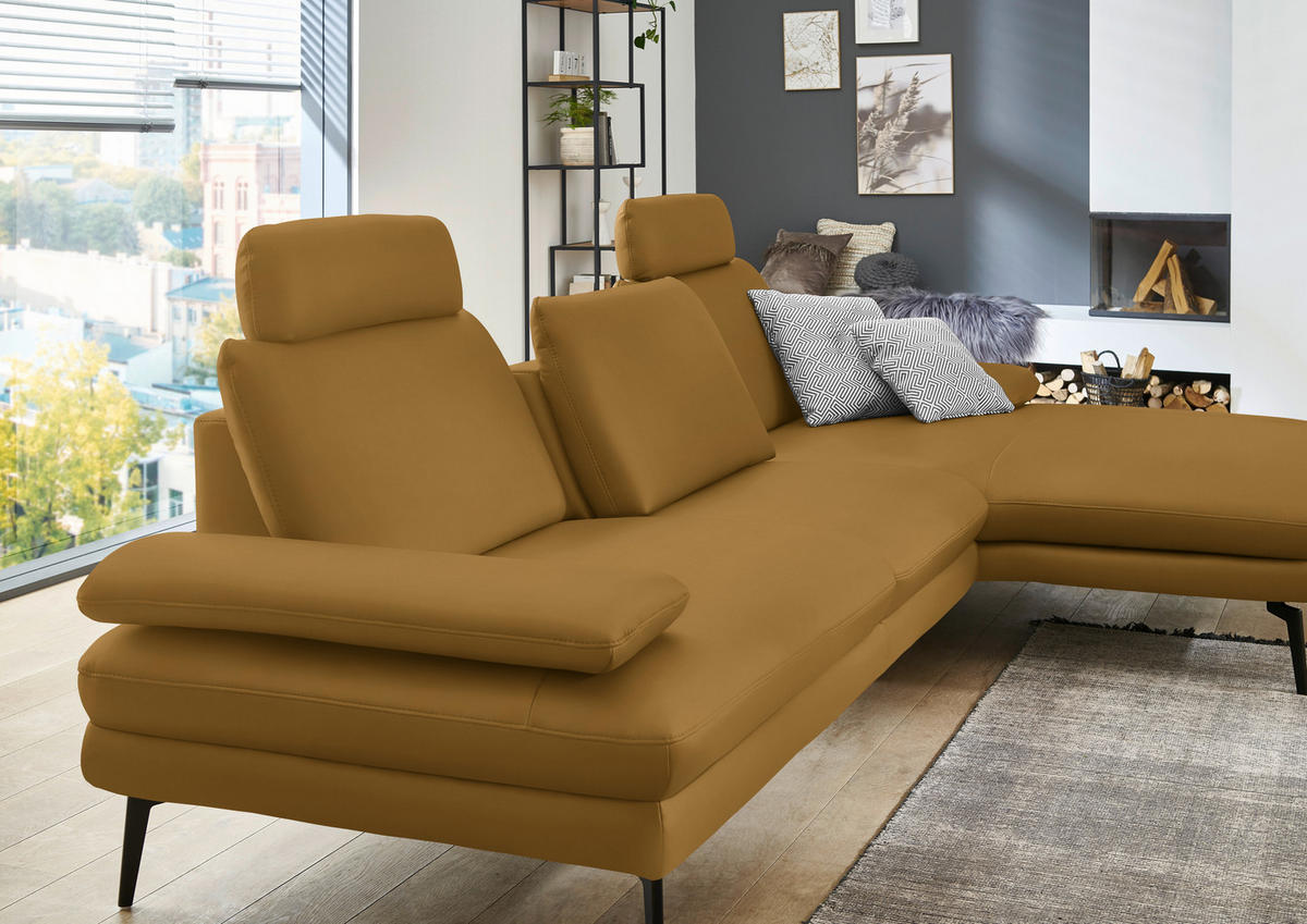 ECKSOFA in Echtleder Currygelb  310/180 cm  - Currygelb/Schwarz, Design, Leder/Metall (310/180cm) - Dieter Knoll
