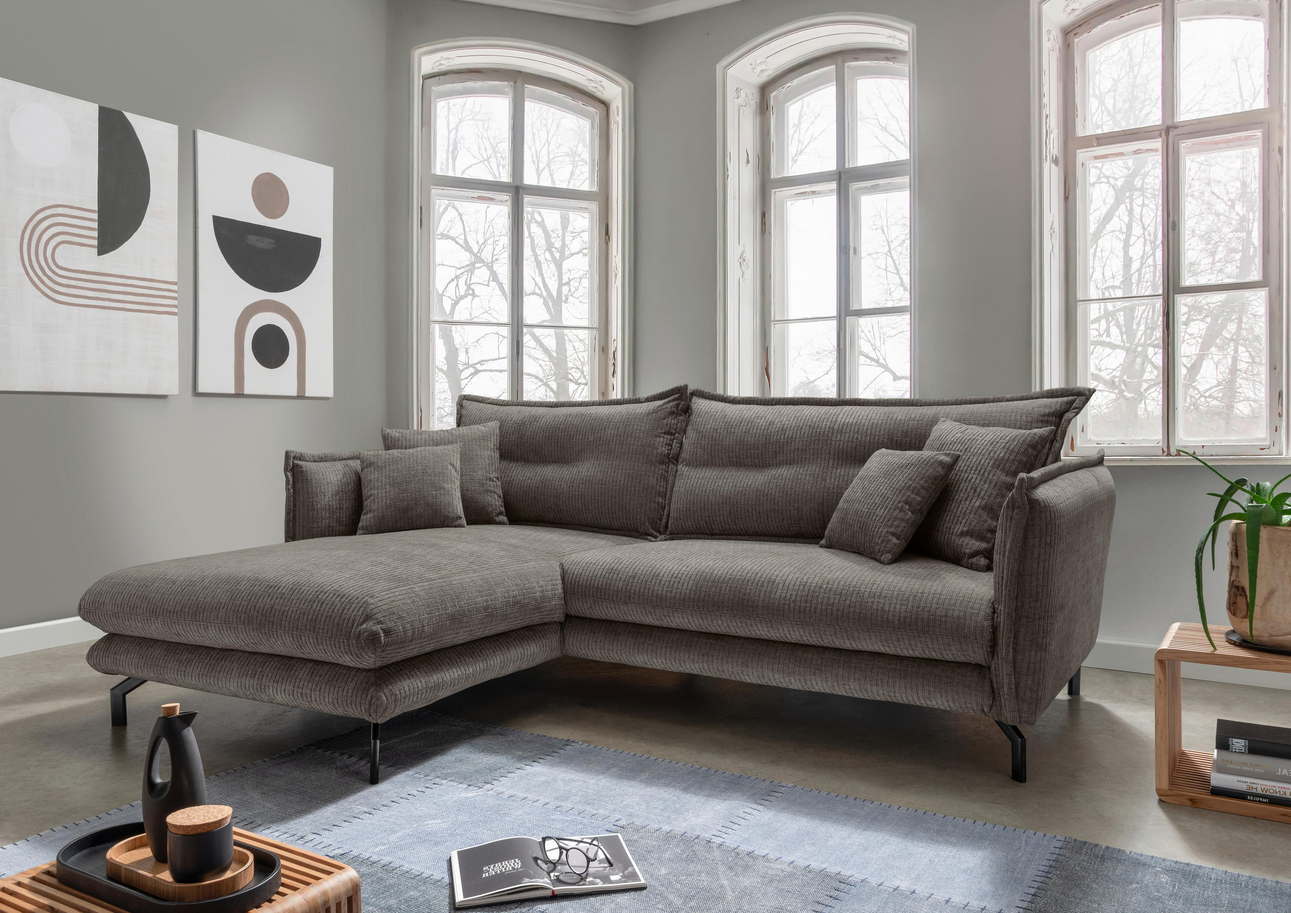ECKSOFA Graubraun Velours  - Graubraun/Schwarz, Design, Textil/Metall (180/255cm) - Livetastic