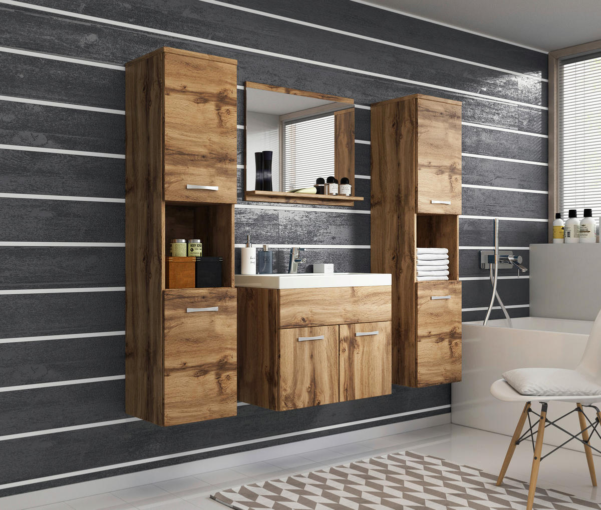 BADEZIMMER 5-teilig  in 120 cm  - Eiche Wotan/Weiß, LIFESTYLE, Holzwerkstoff/Metall (120cm) - P & B