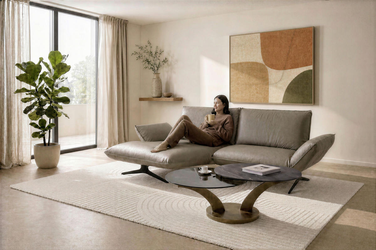 ECKSOFA Braun Echtleder Rücken echt  - Beige/Schwarz, Design, Leder/Metall (150/291cm) - Koinor