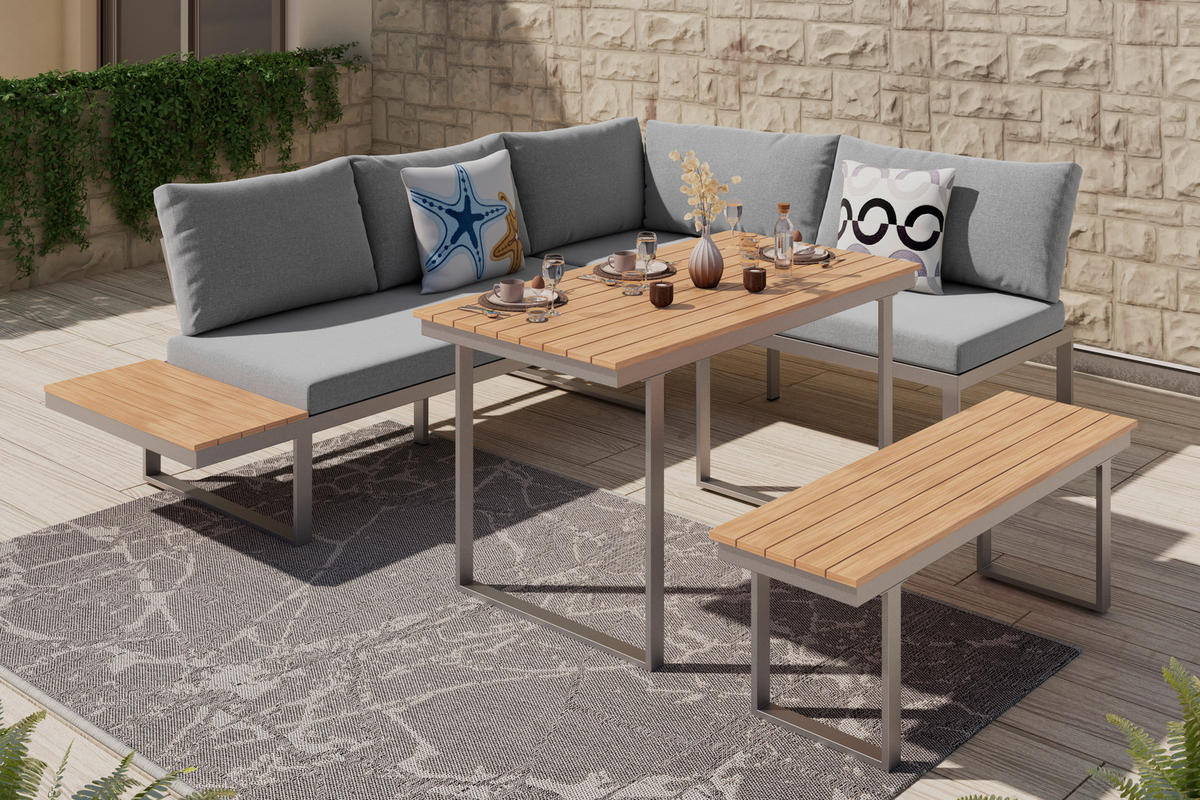 LOUNGE ÉTKEZŐGARNITÚRA 4 részes   253.5/64.5/184 cm  - világosszürke/natúr, Modern, műanyag/textil (253.5/64.5/184cm) - Ambia Garden