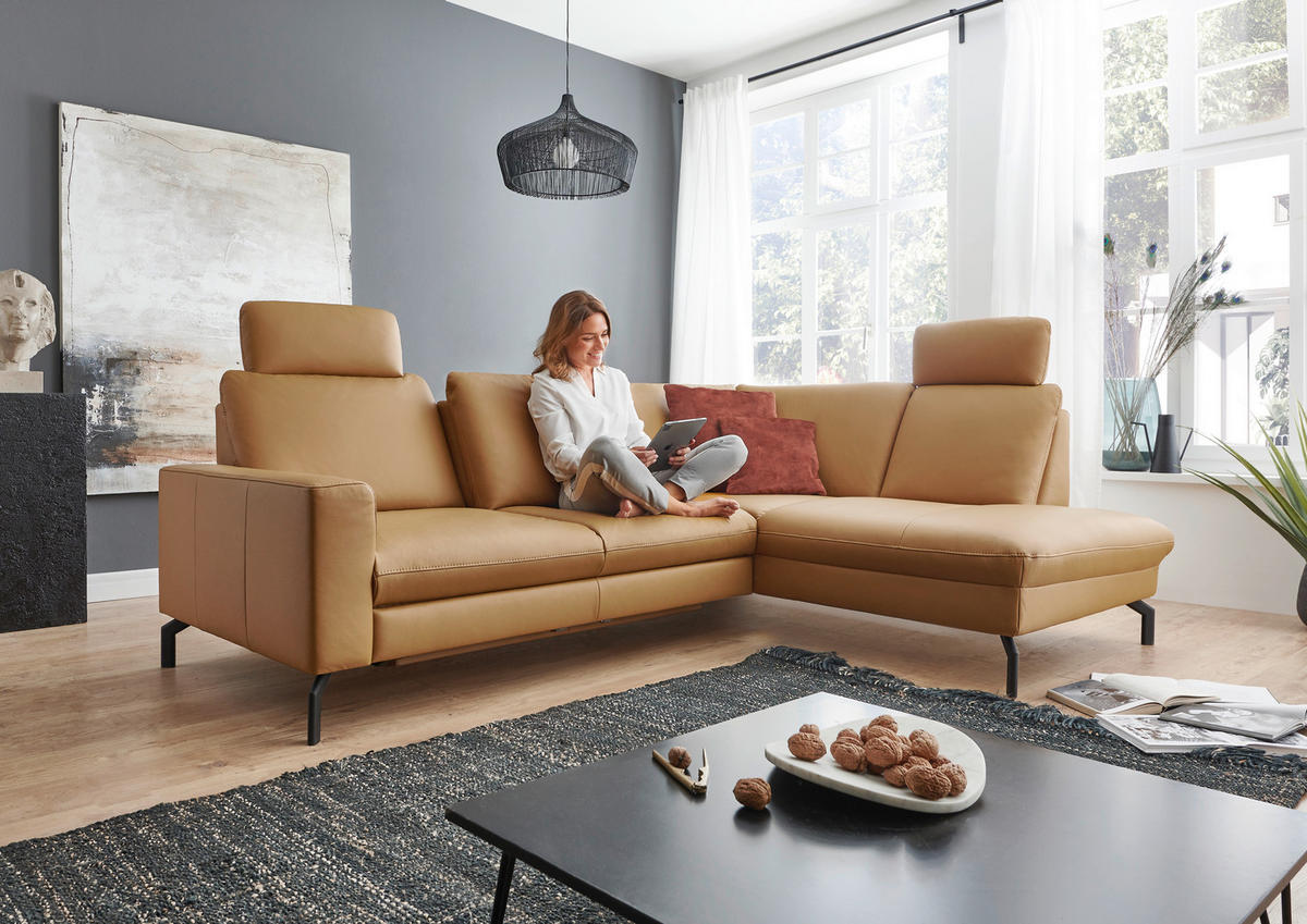 ECKSOFA in Echtleder Currygelb  - Currygelb/Schwarz, Design, Leder/Metall (194/250cm) - Beldomo Premium